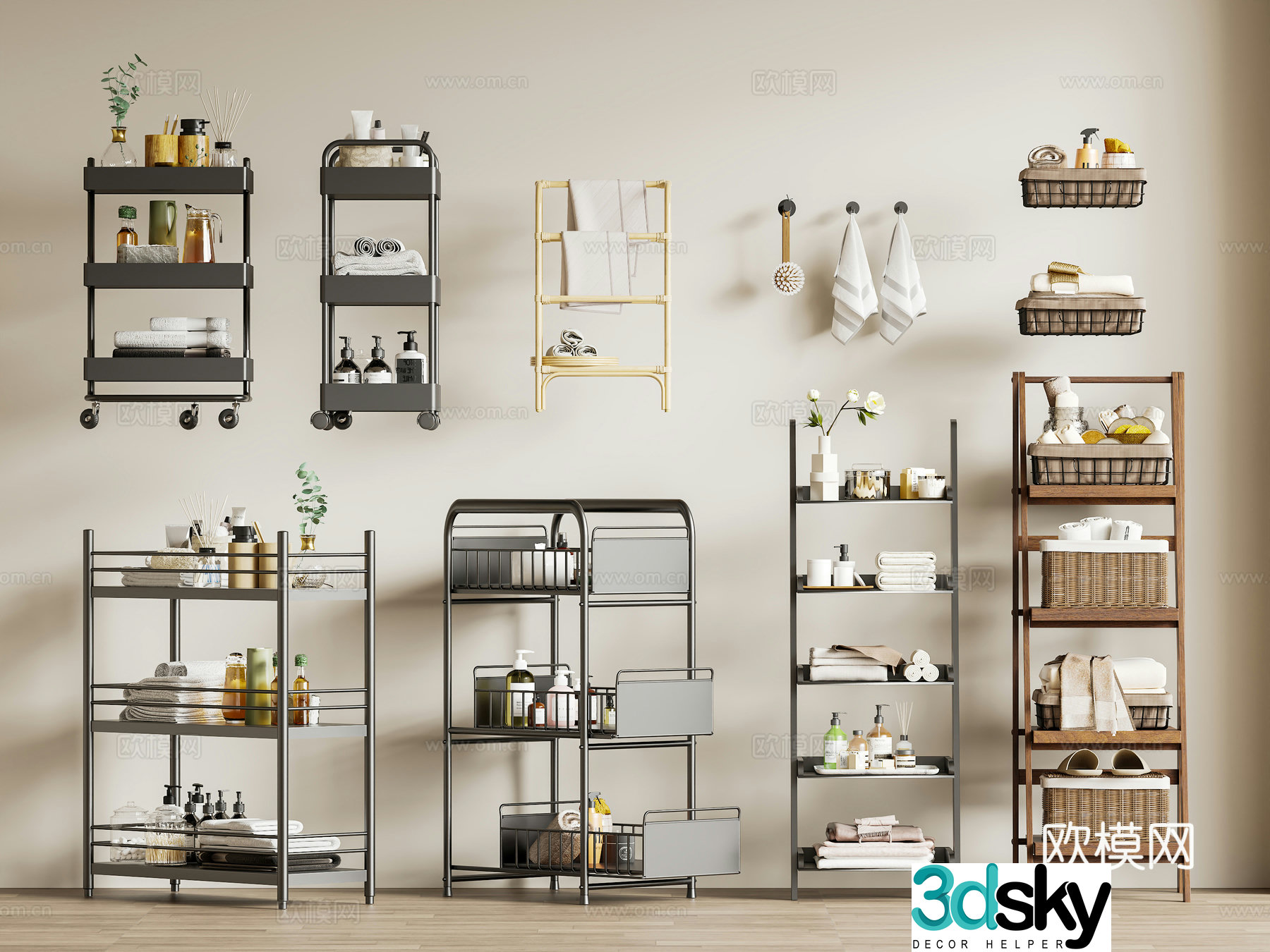 Modern storage rack Bathroom storage rack Trolley Towel rack Dirty clothing basket 3D model