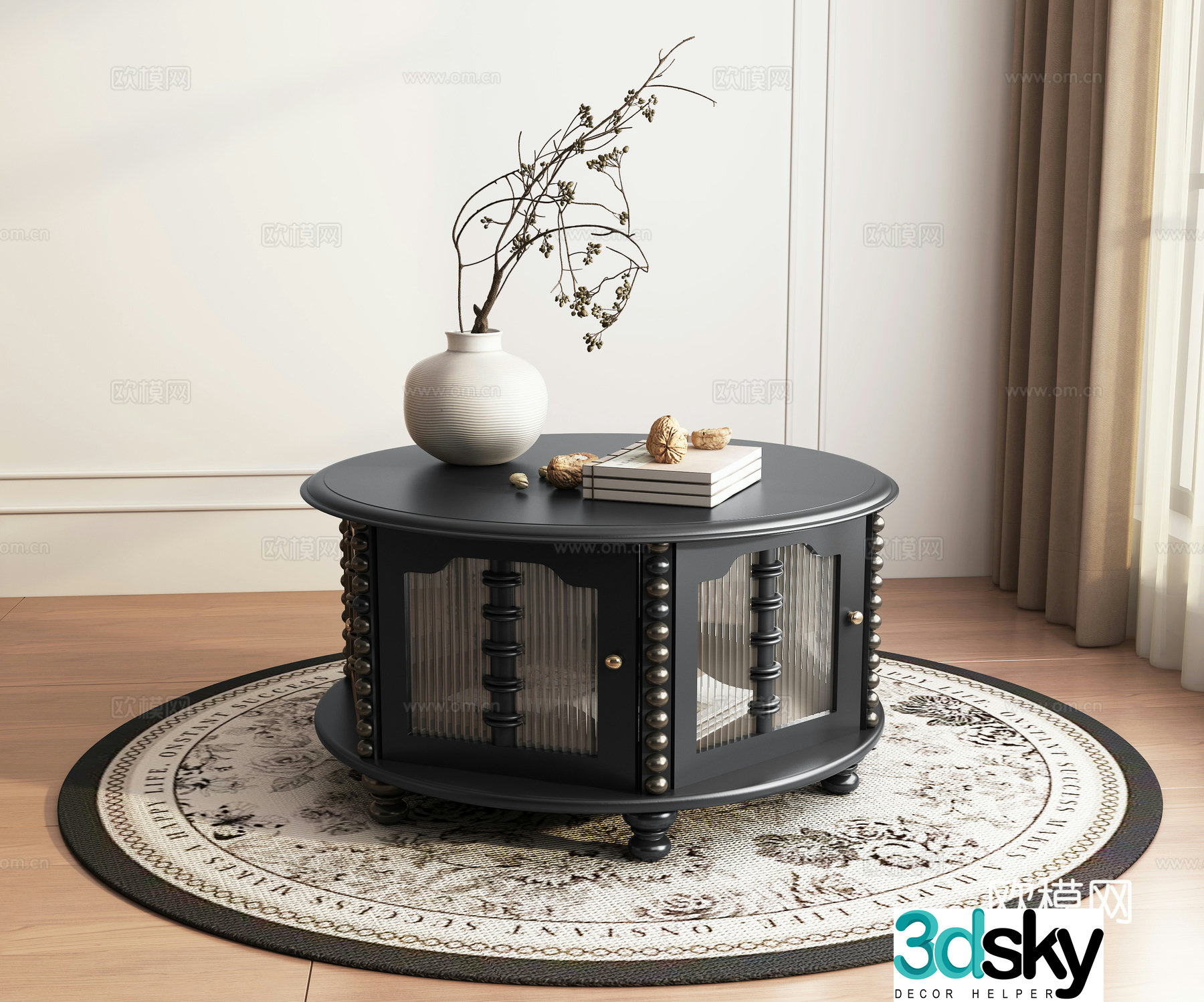 Retro American black walnut round coffee table living room coffee table stem ornament 3D model