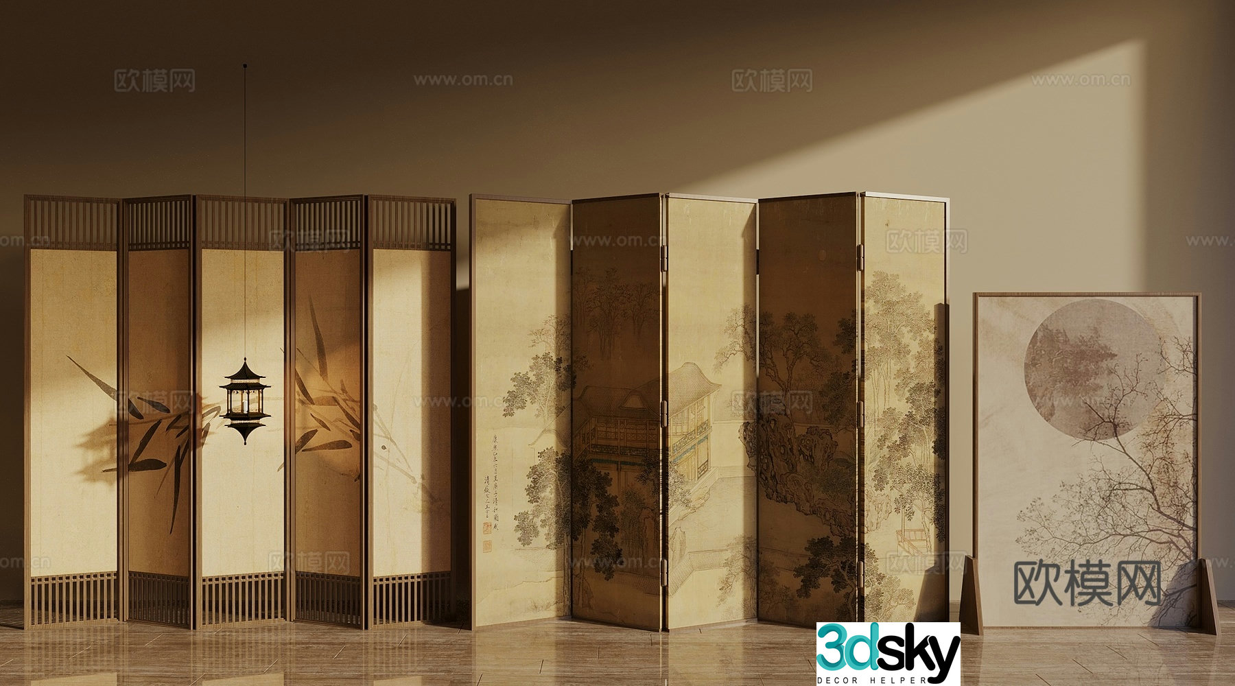 Song style new stroke screen screen partition wooden screen brushed glass 3d model