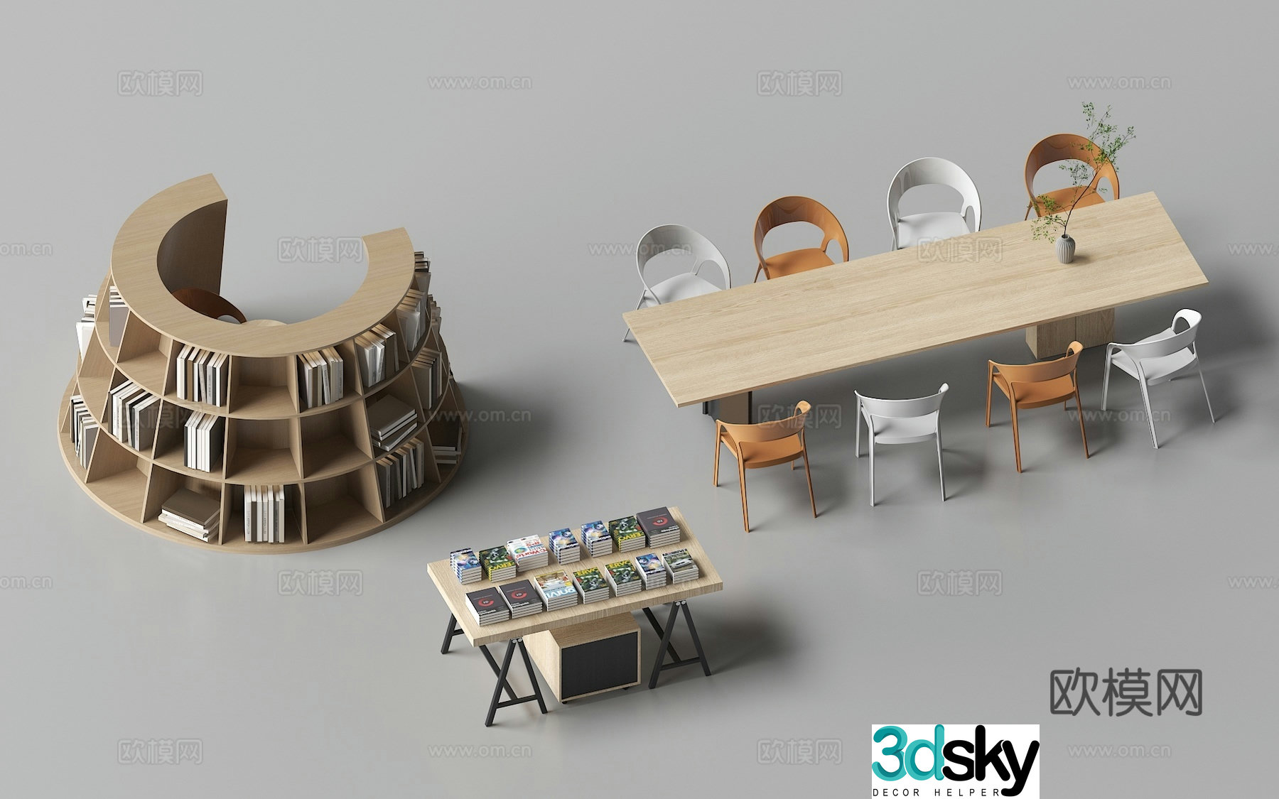Casual bench casual table and chairs bookshelf 3d model