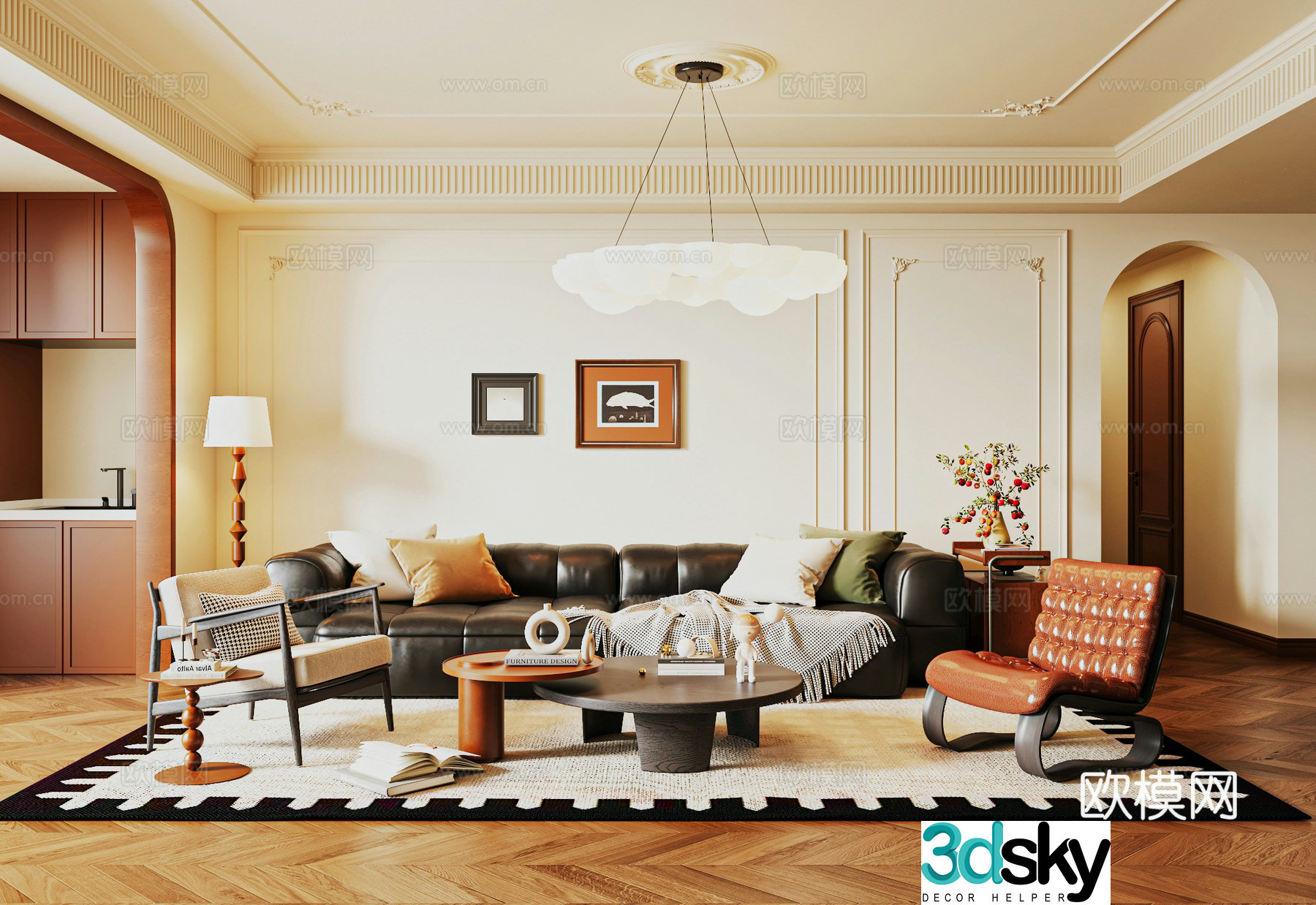 French retro home living room French retro sofa combination leather sofa retro lounge chair 3d model