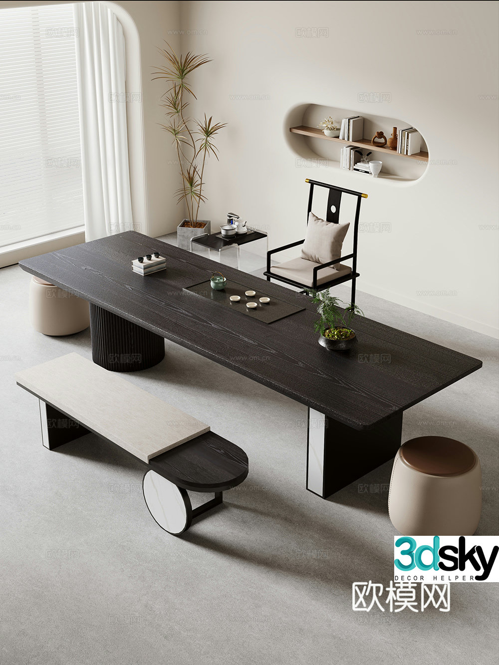 Creamy large plate table tea table and chair combination tea table tea table tea room tea table balcony tea table 3D model