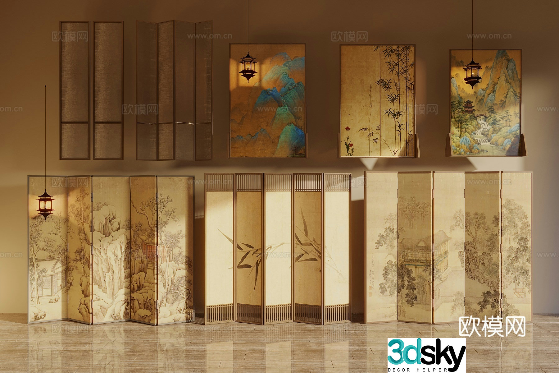 Song style new stroke screen screen partition wooden screen brushed glass 3d model