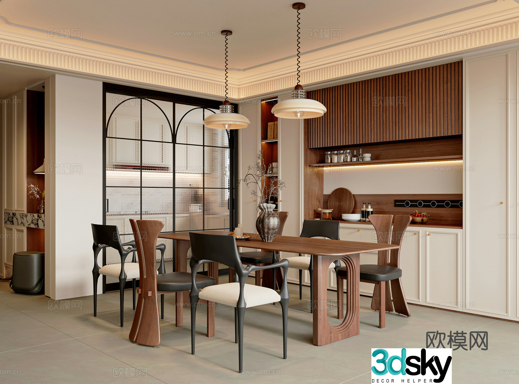 French medieval restaurant dining table and chair combination sideboard chandeliers restaurant accessories dining chairs 3D model
