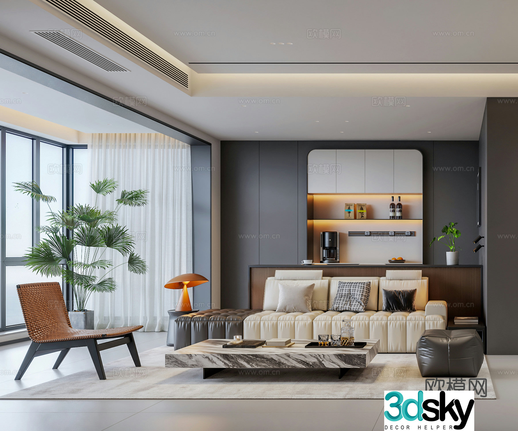 Modern Italian black white and gray living room 3D model