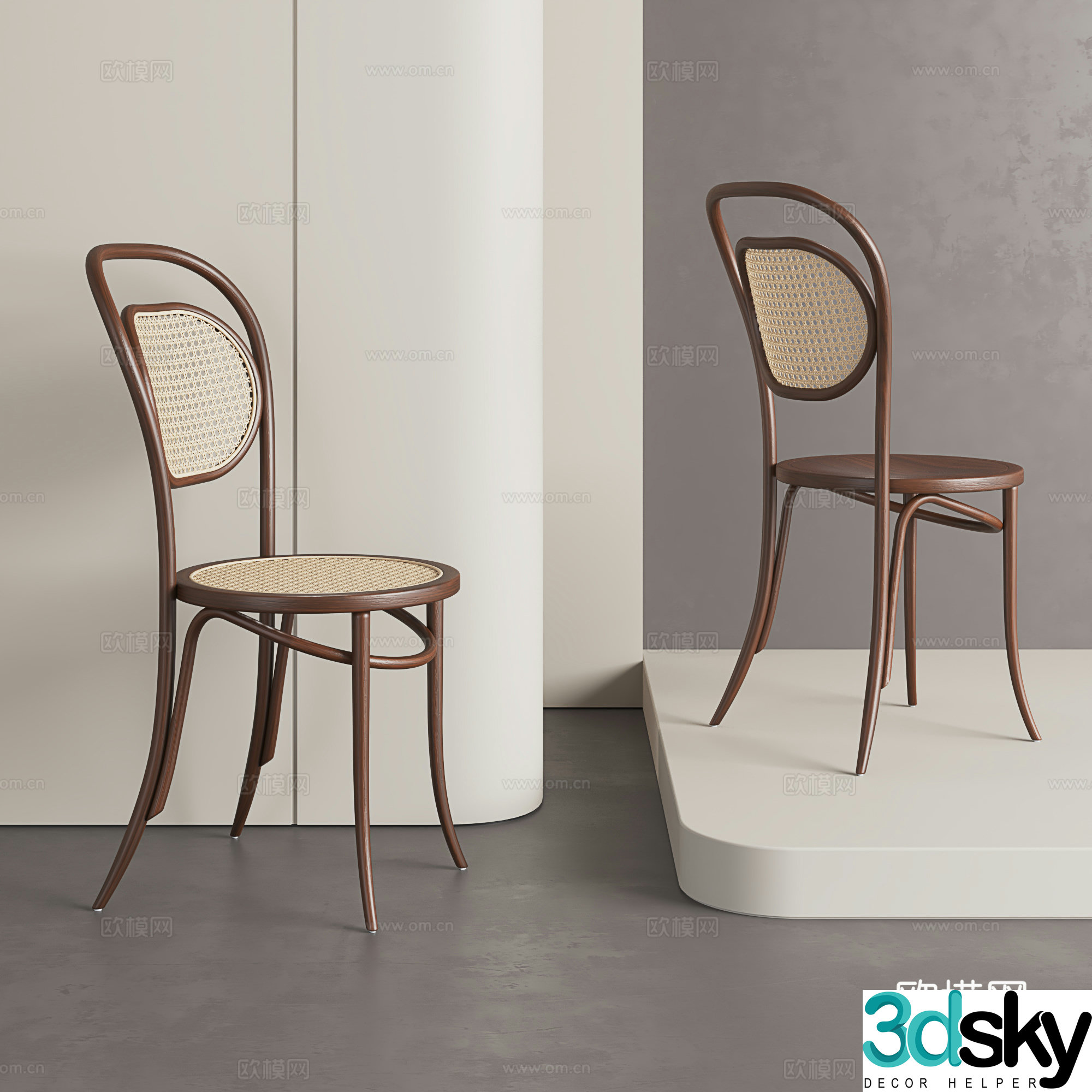 Retro dining chair Solid wood rattan dining chair Wasabi style dressing stool Medium backrest chair Cafe 3D model
