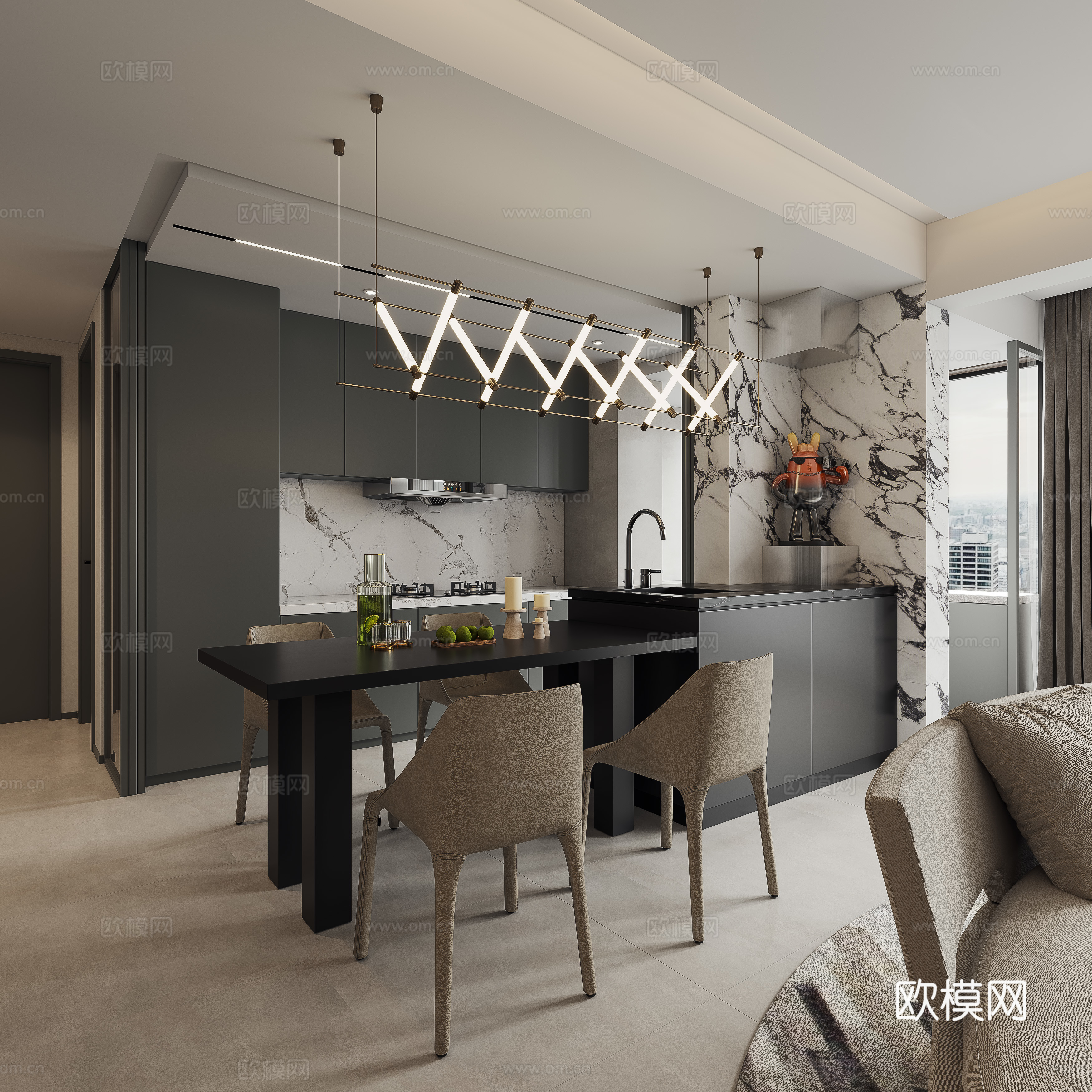 Modern minimalist Italian living and dining open kitchen square table walnut color living room metal entrance gyro chair 3d model