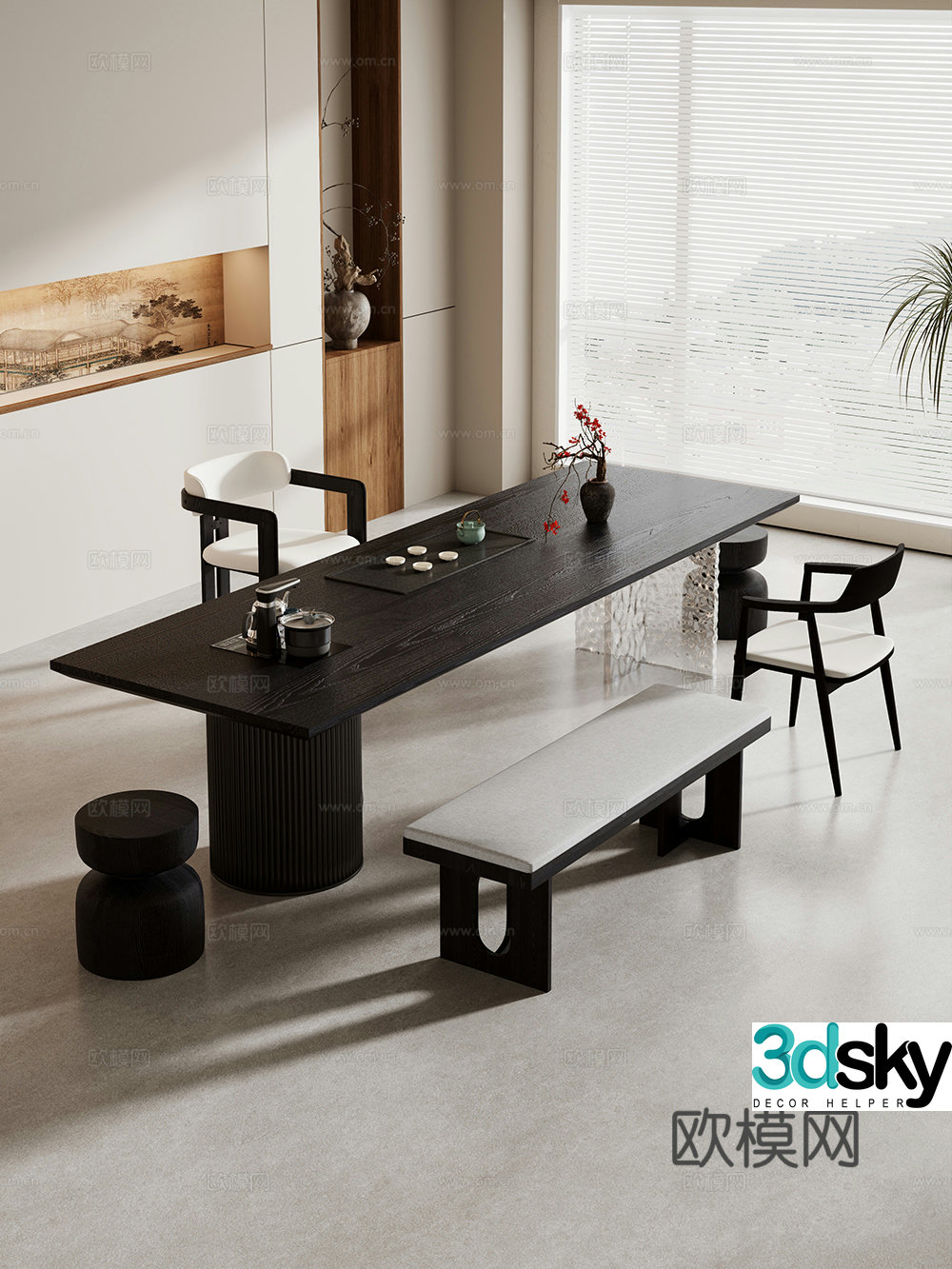 Creamy large plate table tea table and chair combination tea table tea table tea room tea table balcony tea table 3D model