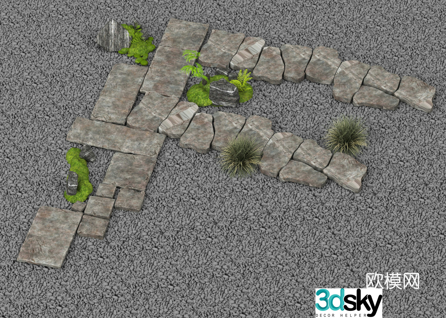 Landscape stairs garden paving bluestone slab gravel trail 3D model