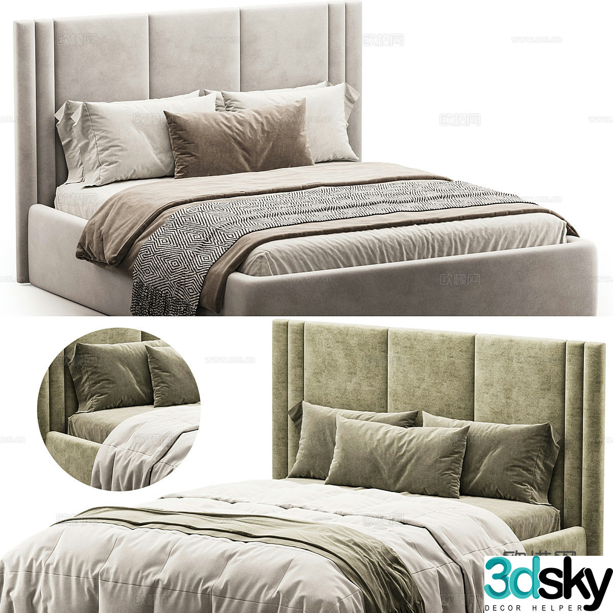 New Chinese style Uels fabric double bed 3D model