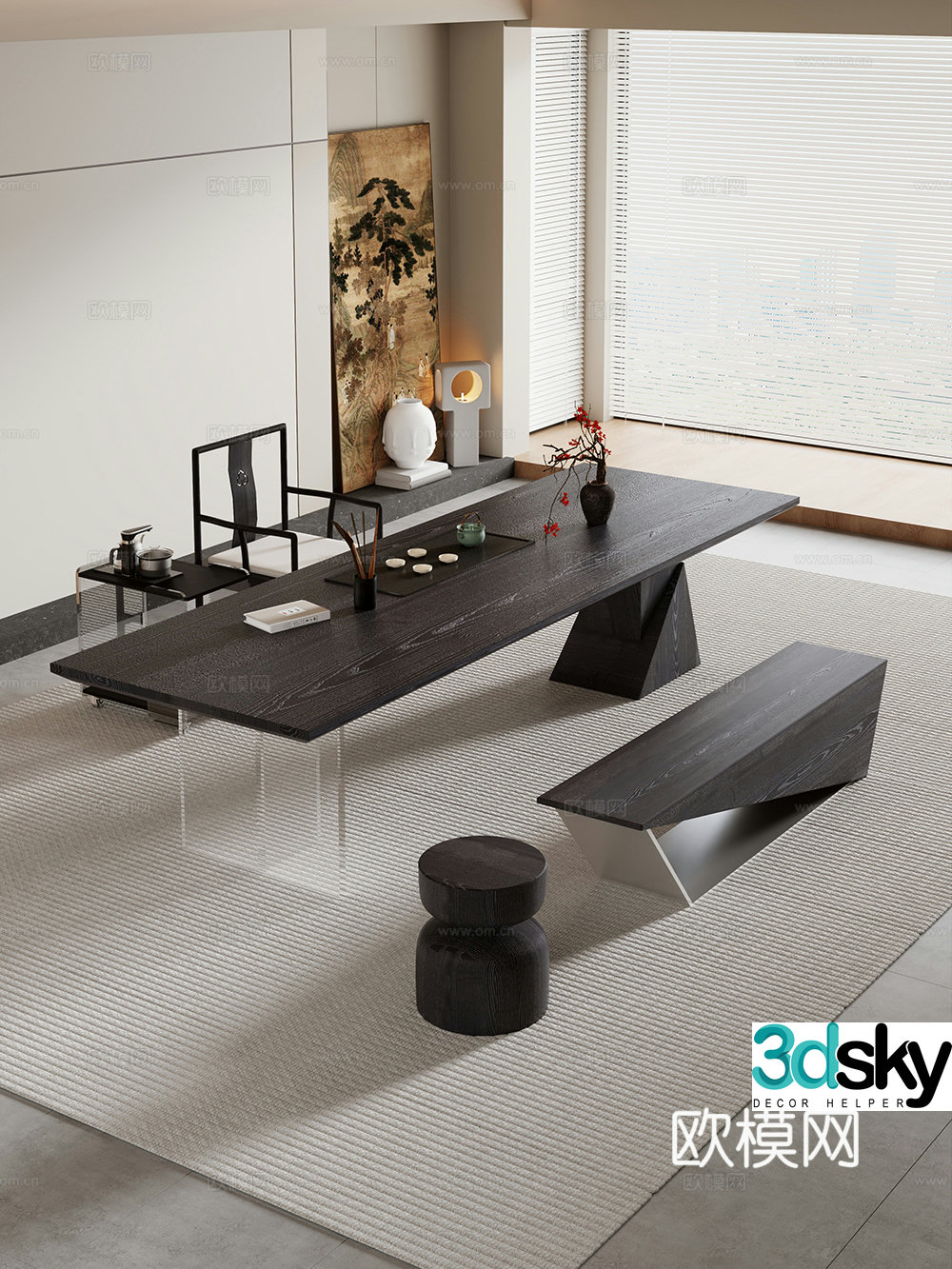 Creamy large plate table tea table and chair combination tea table tea table tea room tea table balcony tea table 3D model