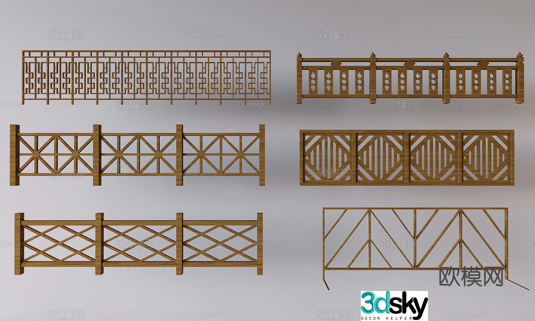 New Chinese style stair railing solid wood handrail fence hollow partition guardrail 3D model