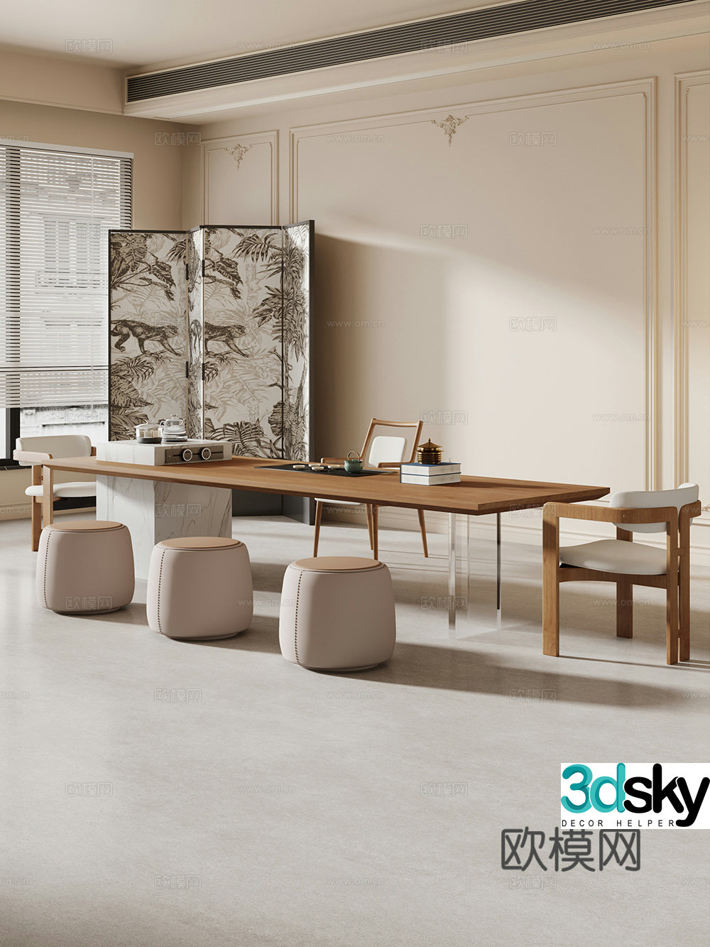 Creamy large plate table tea table and chair combination tea table tea table tea room tea table balcony tea table 3D model