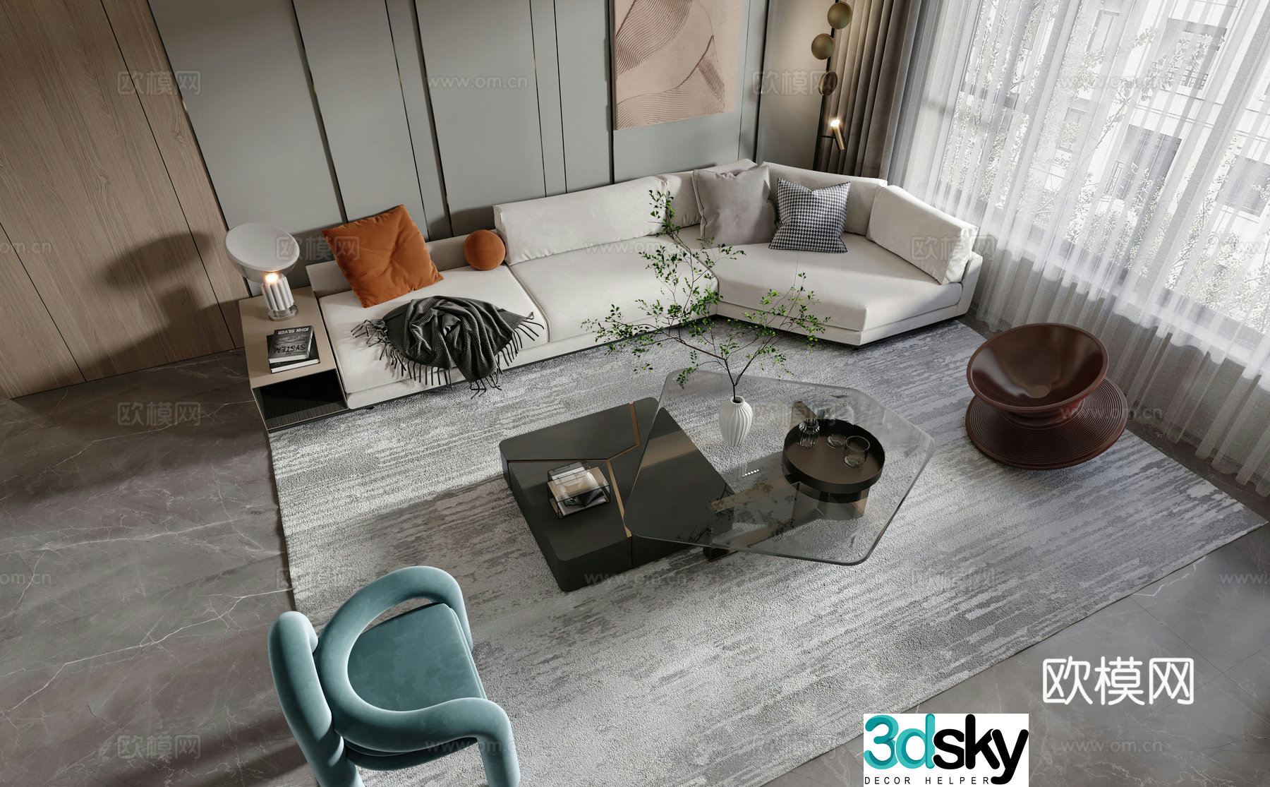 Modern combination sofa leisure chair side table corner table coffee table modern living room living and dining room 3D model
