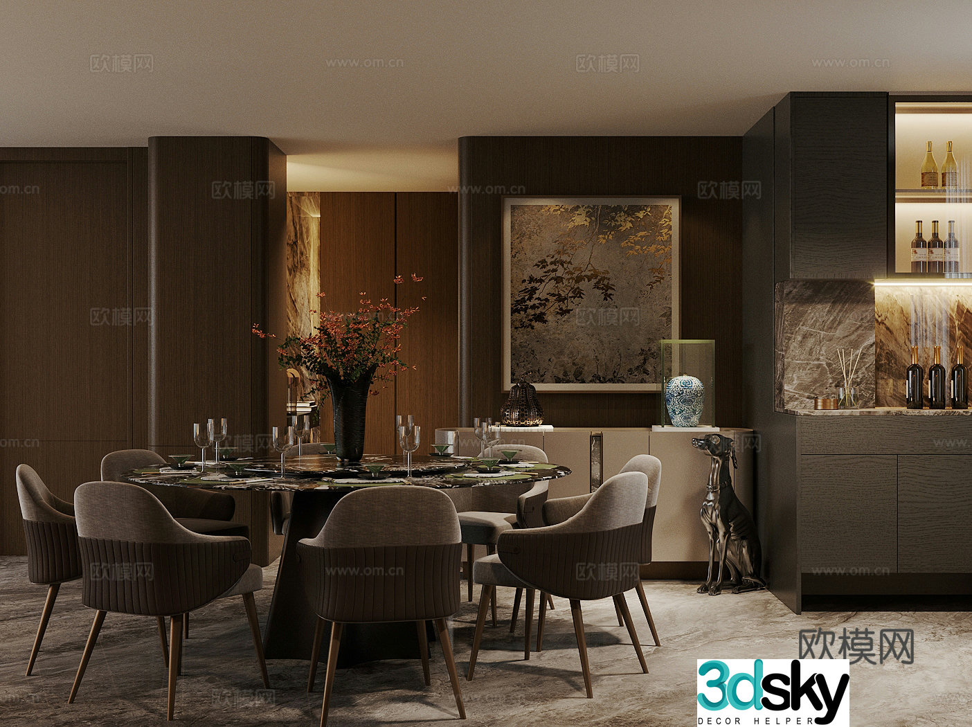 Italian light luxury home restaurant Marble round dining table Kitchen restaurant Round table restaurant Open 3D model
