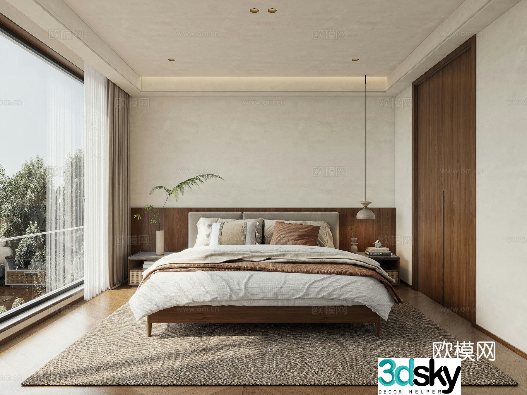 Wasabi wind bedroom medieval master bedroom Wasabi wind bedding combination bedside table wooden log wind 3D model