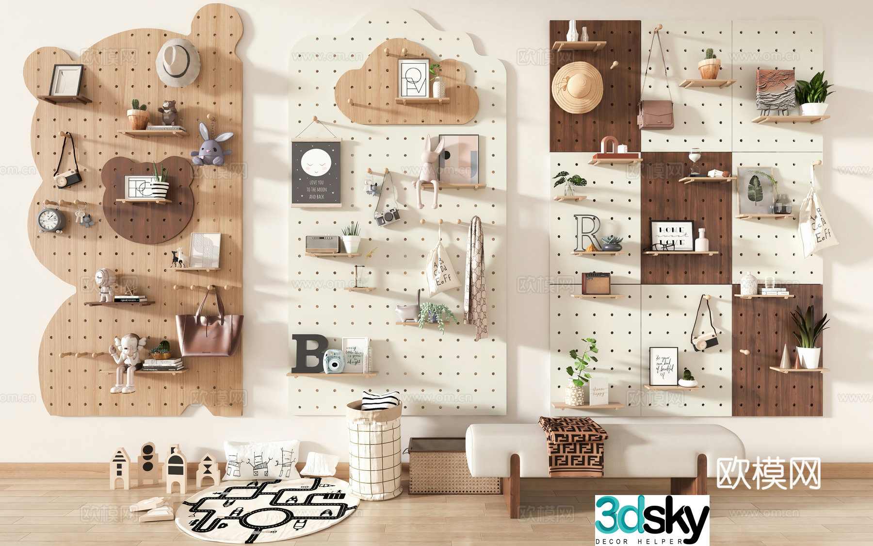 Entrance entrance wall decoration pendant hole board pendant shelf entrance wall hole board bear cloud 3D model