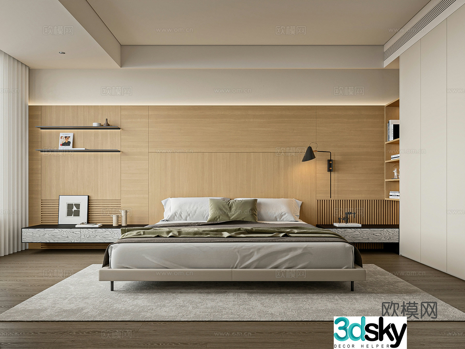 Minimalist log home bedroom master bedroom second bedroom elderly room log background wall metal leisure chair 3d model