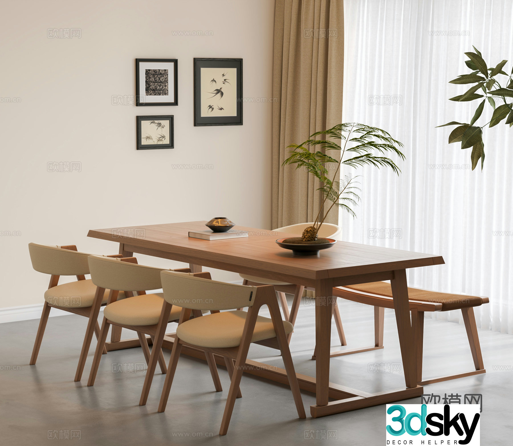 Modern dining table and chair combination log dining table and chair combination dining chair green plant 3d model