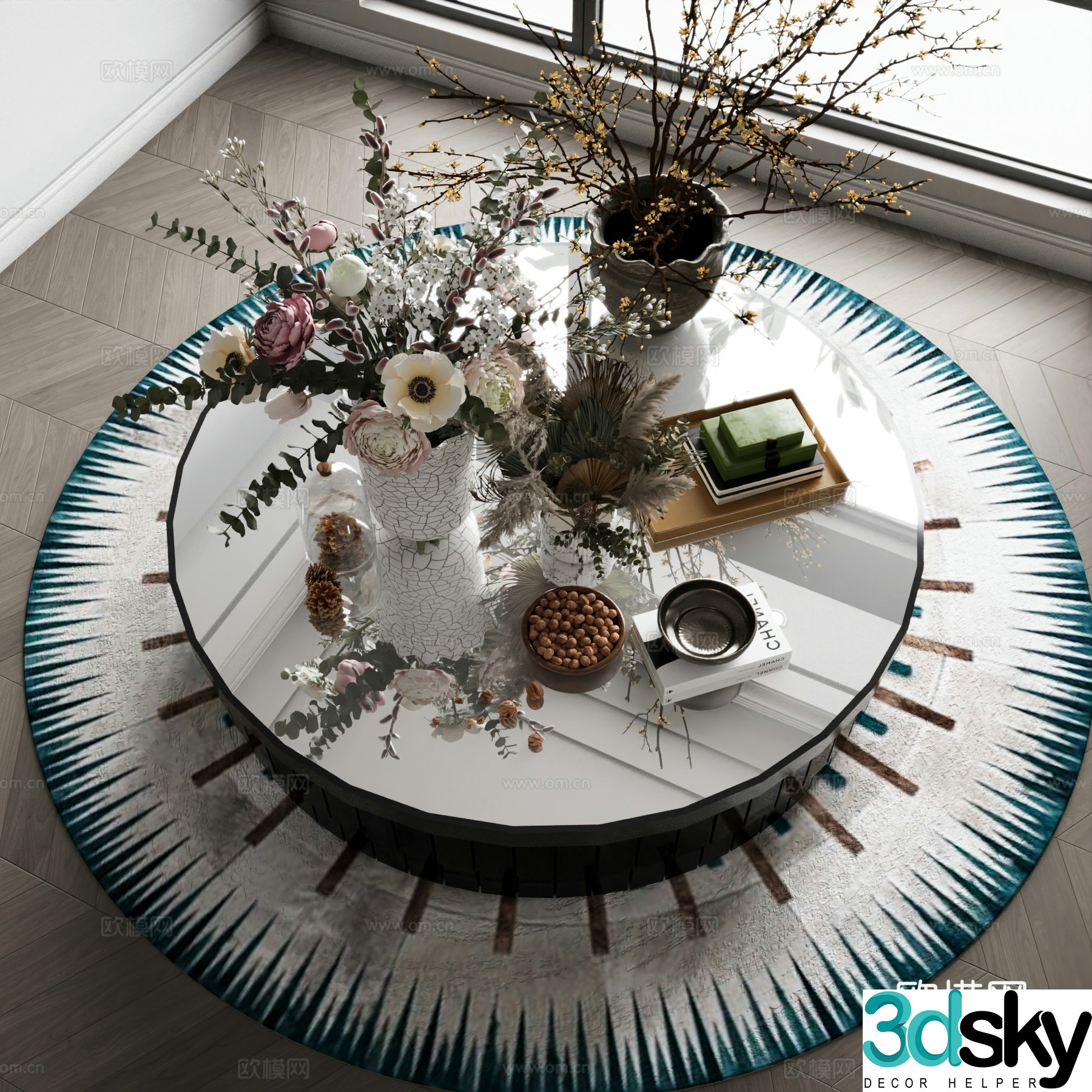 Modern coffee table round coffee table furnishing ornaments floral vase 3d model