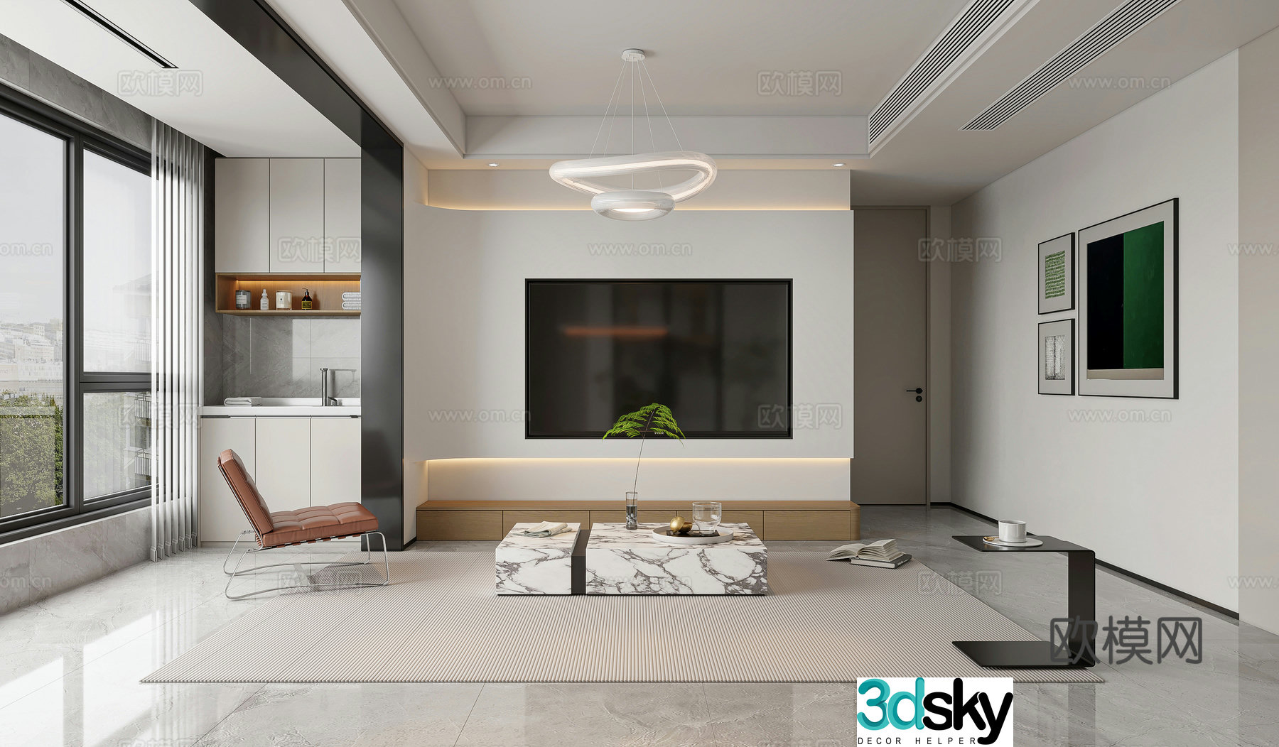 Modern living room TV background wall chandelier Modern living room dining chair coffee table corner table 3d model