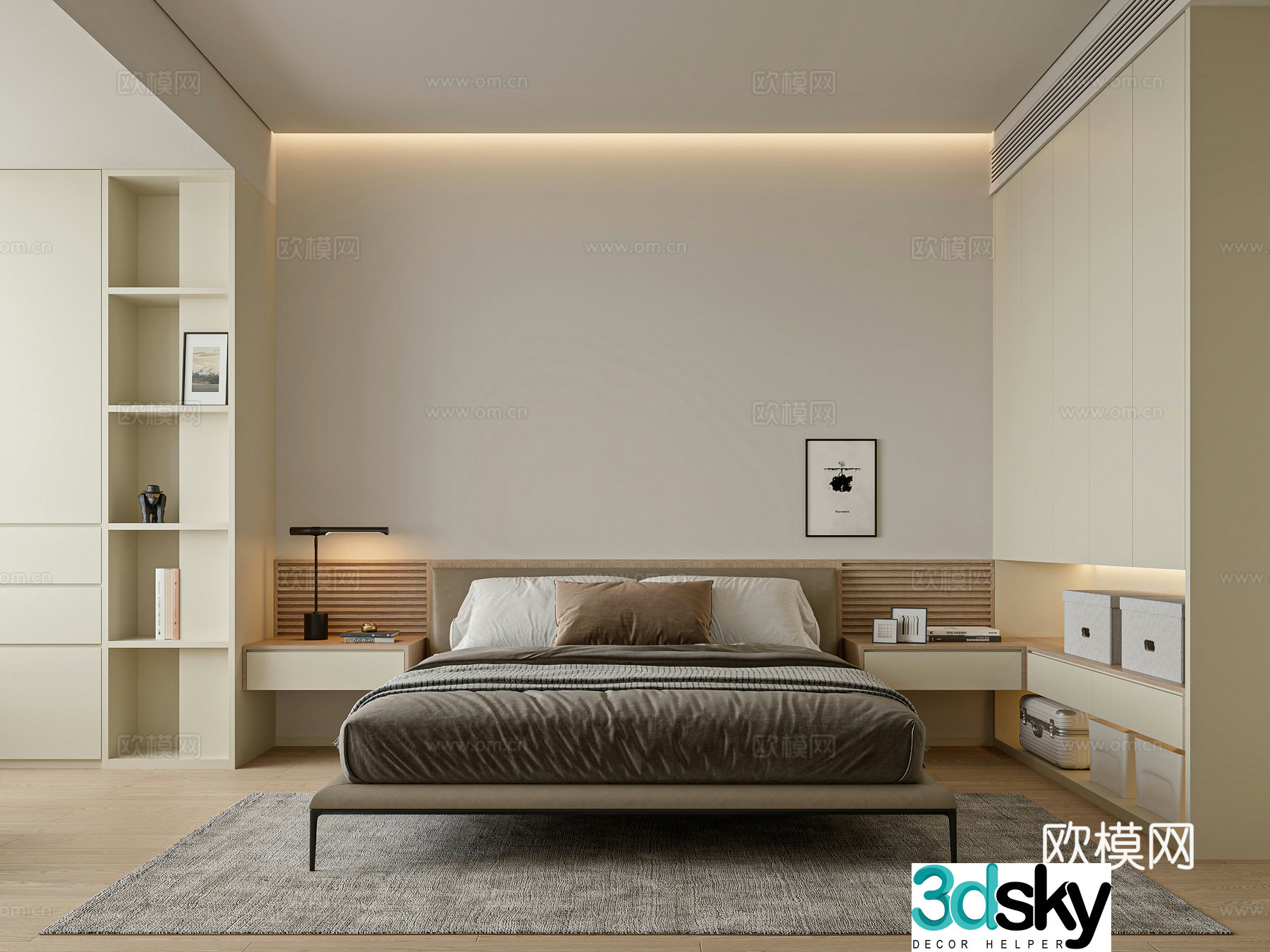 Modern cream master bedroom Minimalist cream bedroom Suspended bedside table Minimalist leisure chair 3d model
