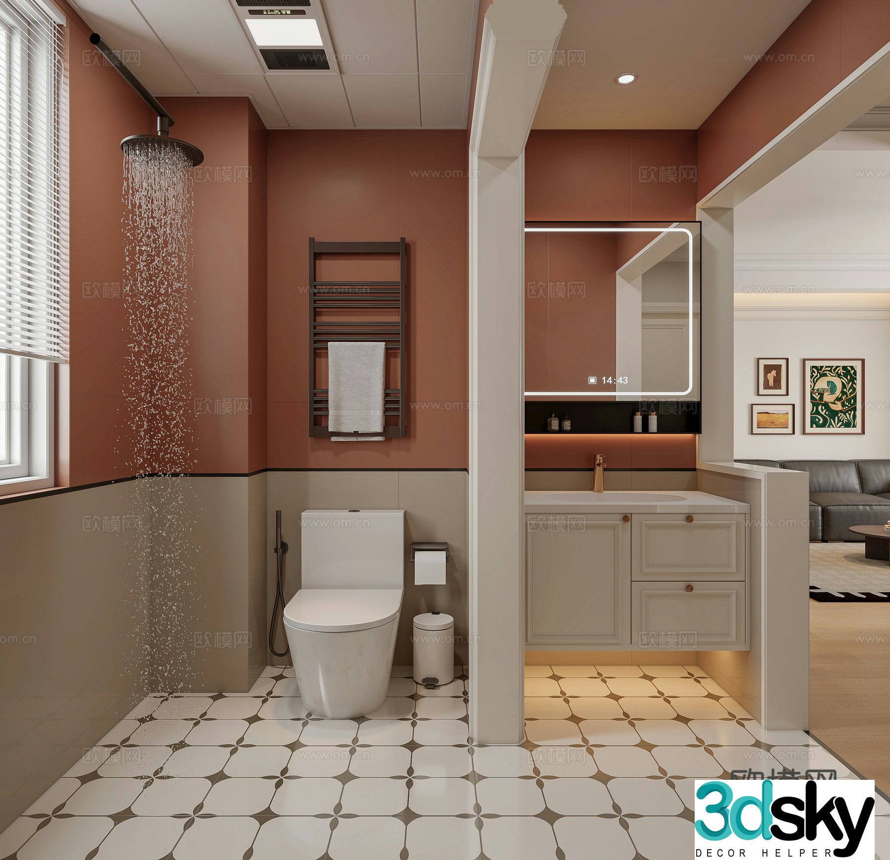 French bathroom washbasin wet and dry separation electric towel rack modern bathroom simple 3D model