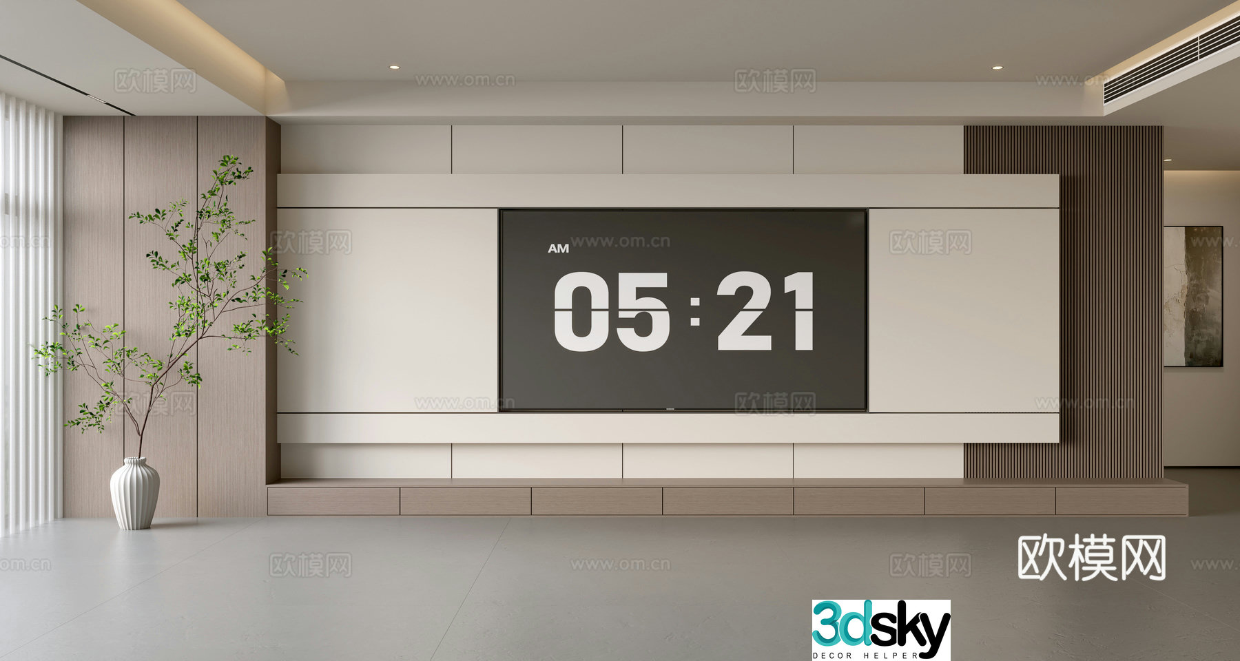 Modern simple living room light luxury TV background wall full wall TV cabinet wooden veneer background wall 3d model