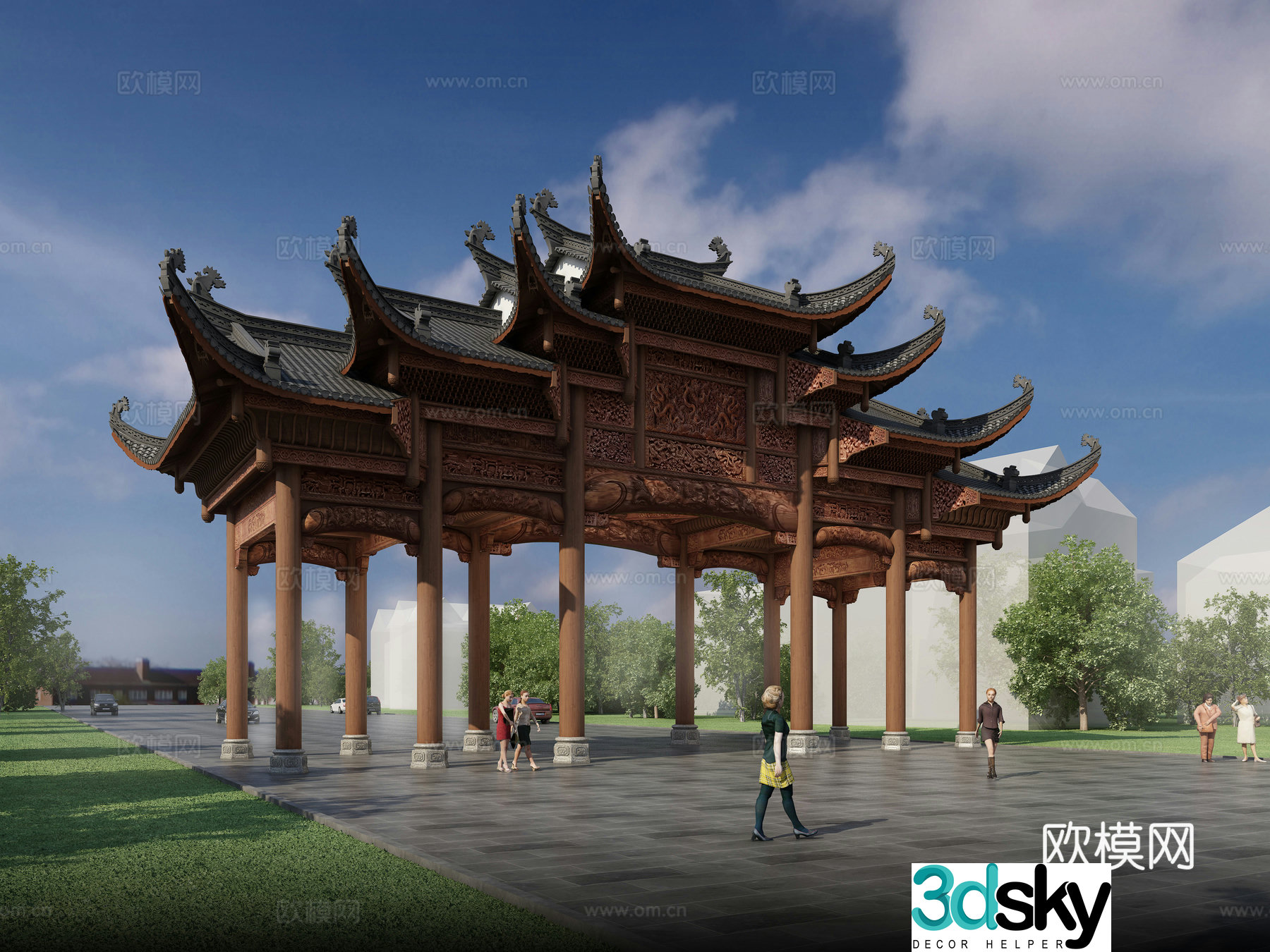 Chinese carved archway gatehouse 3D model