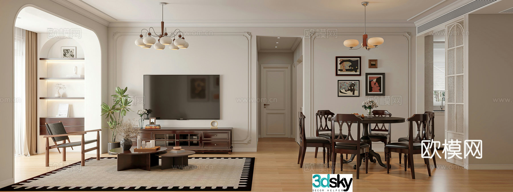 French living and dining room combination sofa TV background wall TV cabinet round dining table medieval style 3D model