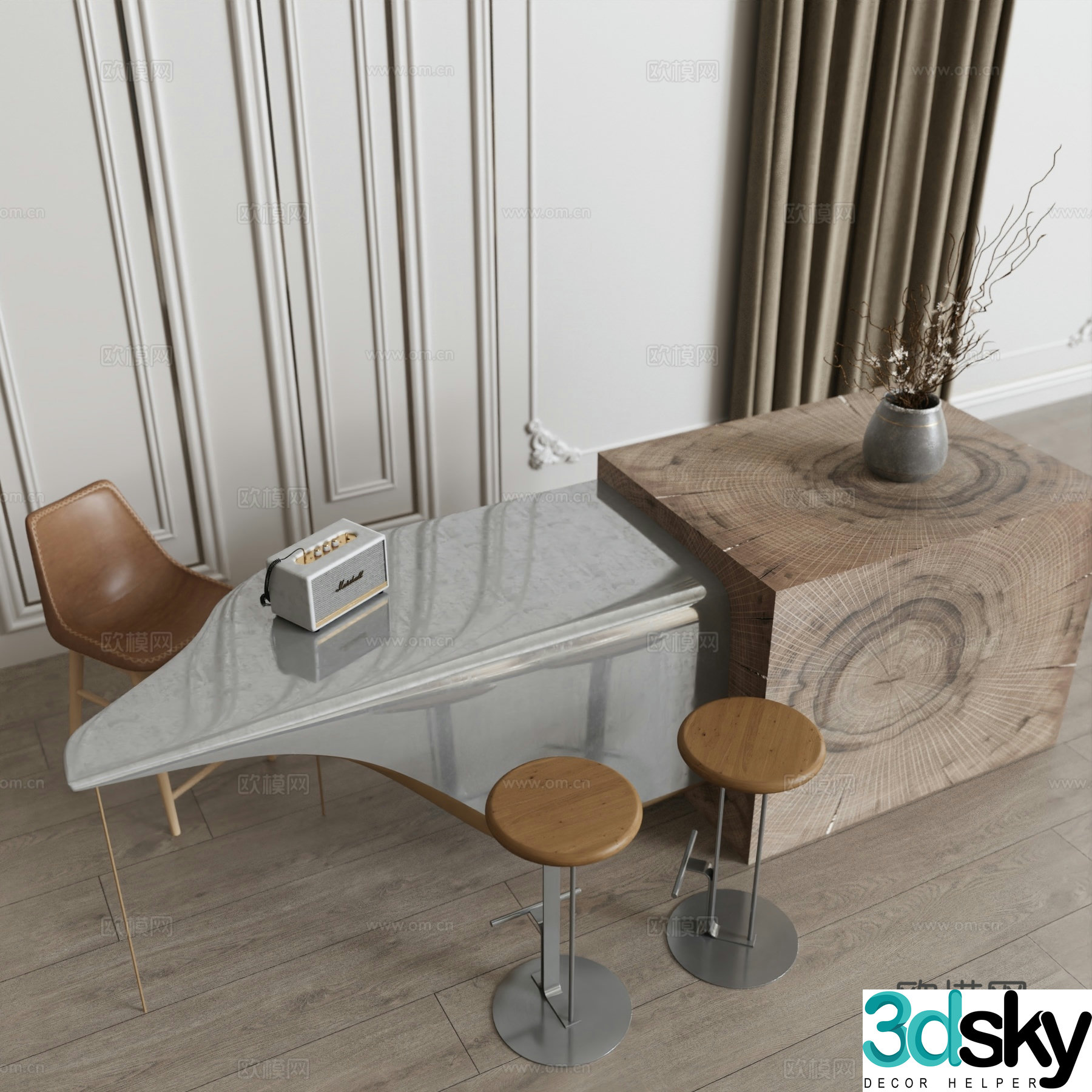 Modern bar water bar bar island dining table chair 3d model
