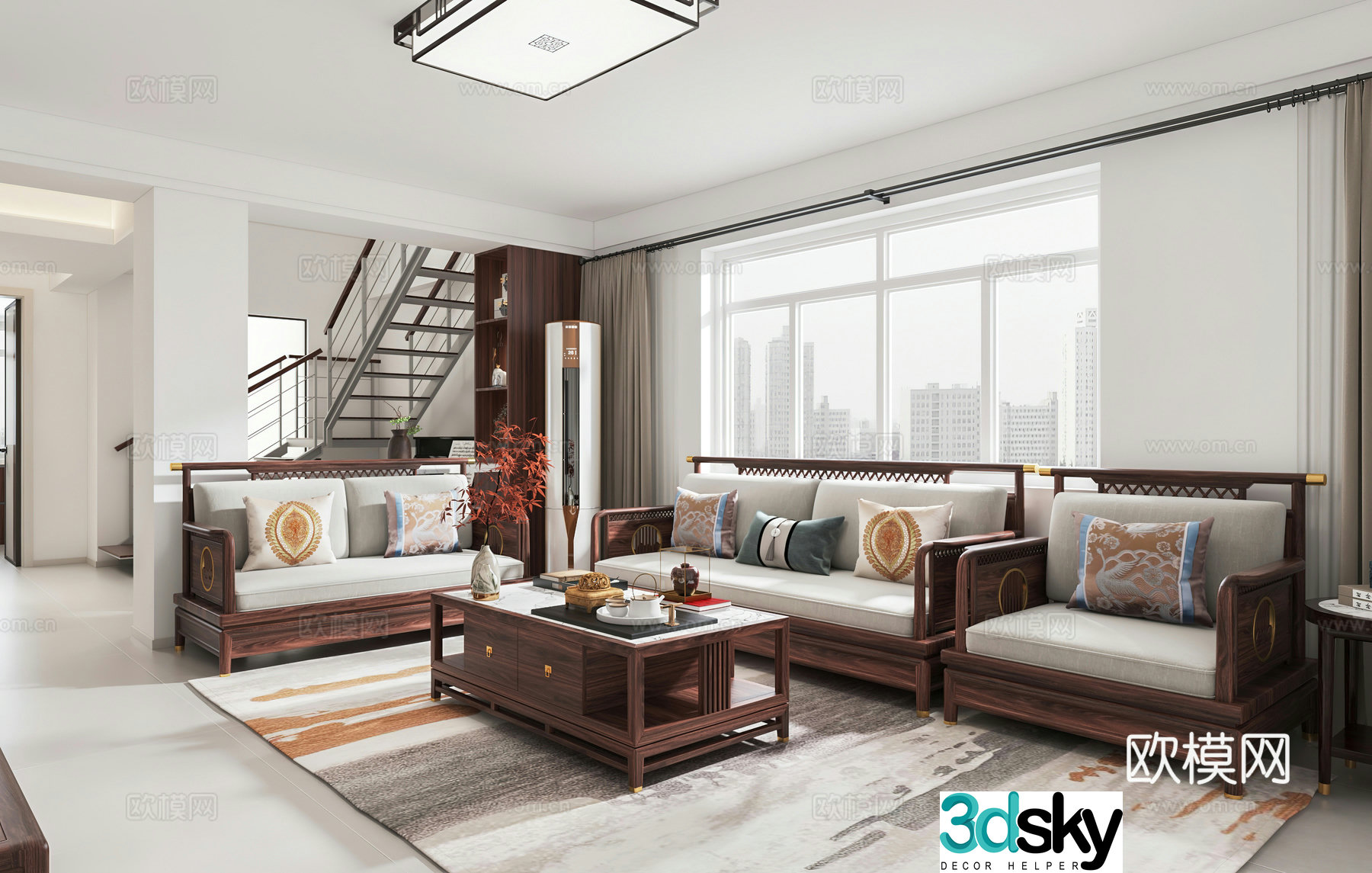 New Chinese style living and dining room open kitchen stairs wine cabinet 3d model