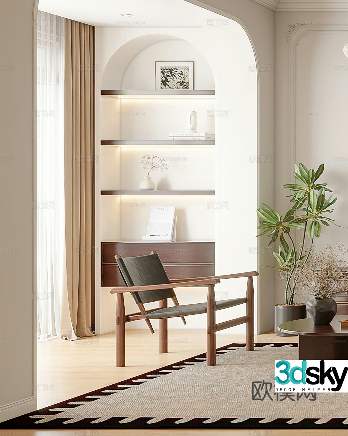 Medium style leisure chair wavy leisure chair retro leisure chair side table corner table single chair simple 3D model