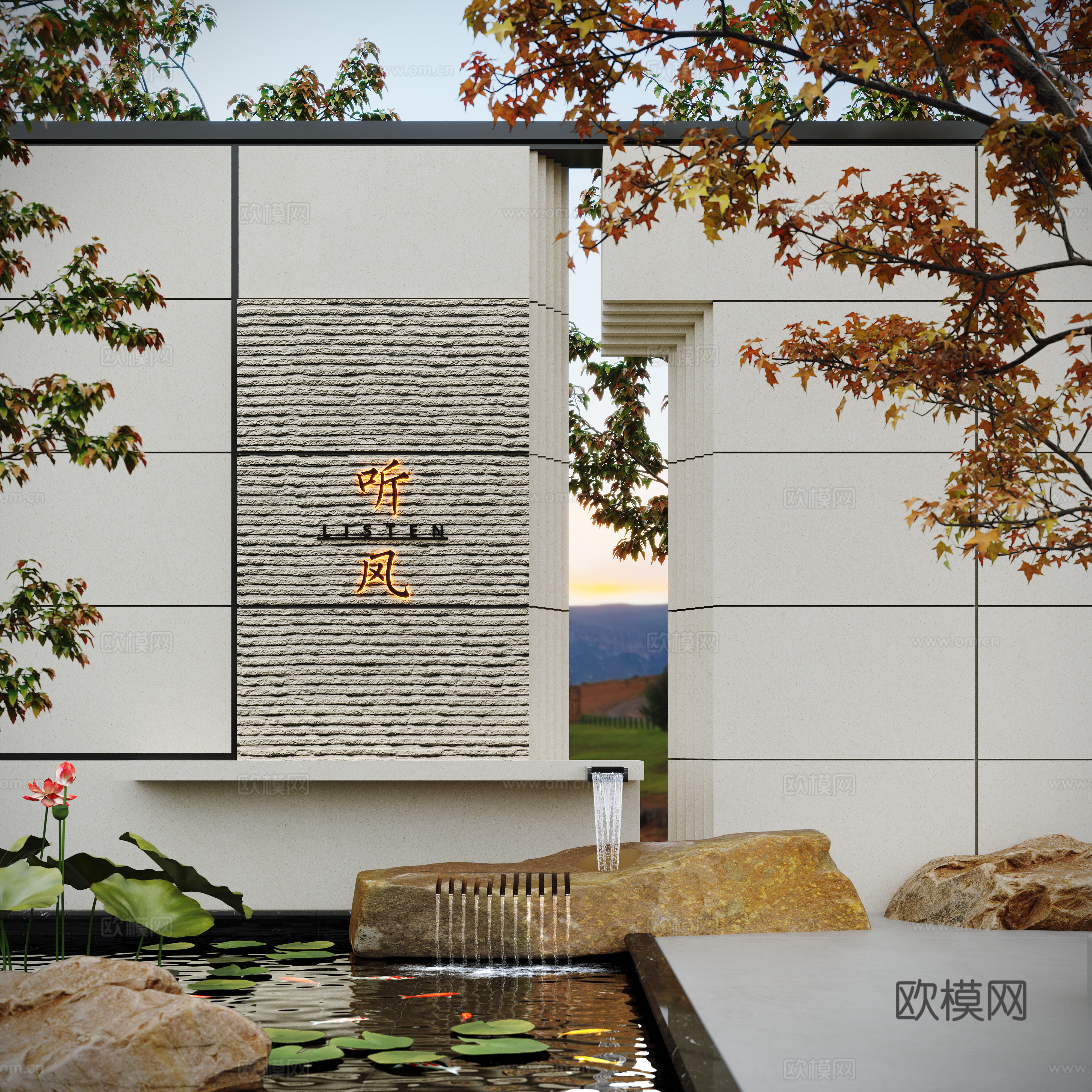 Modern water landscape courtyard waterscape stacked water fish pond landscape wall 3d model