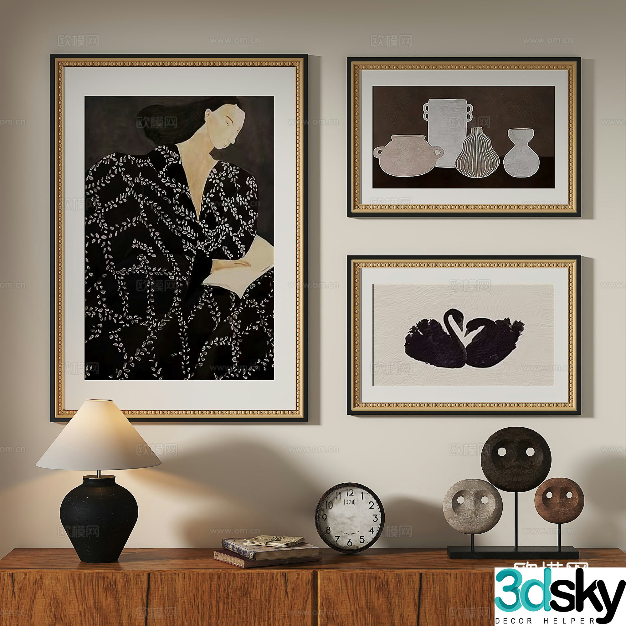 French retro light luxury simple medieval abstract nordic decorative painting 3d model