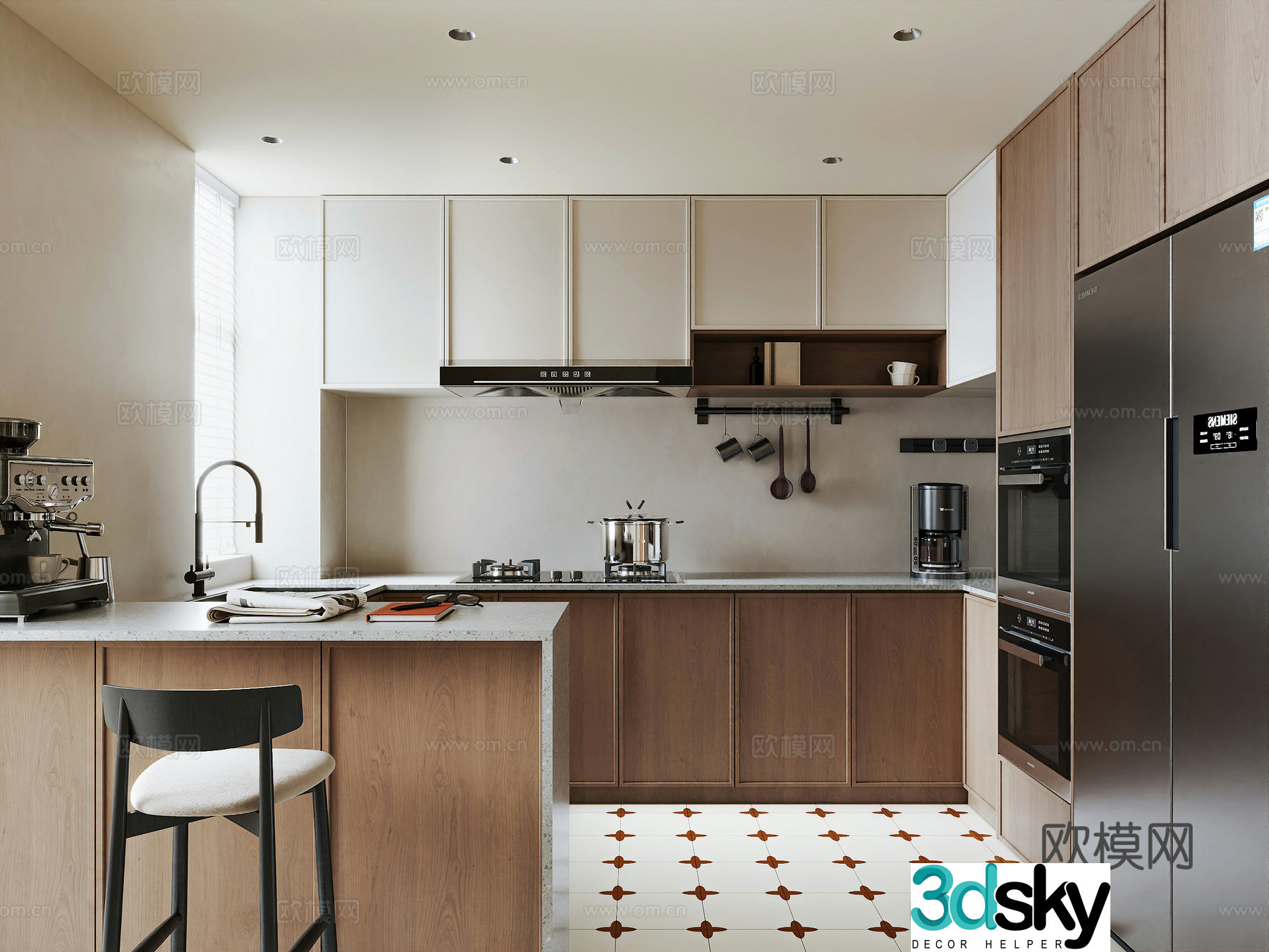 Medium-old kitchen Medium-old bar chair Bar ornaments Medium-old flower tiles Refrigerator Electrical cabinet Range hood 3D model