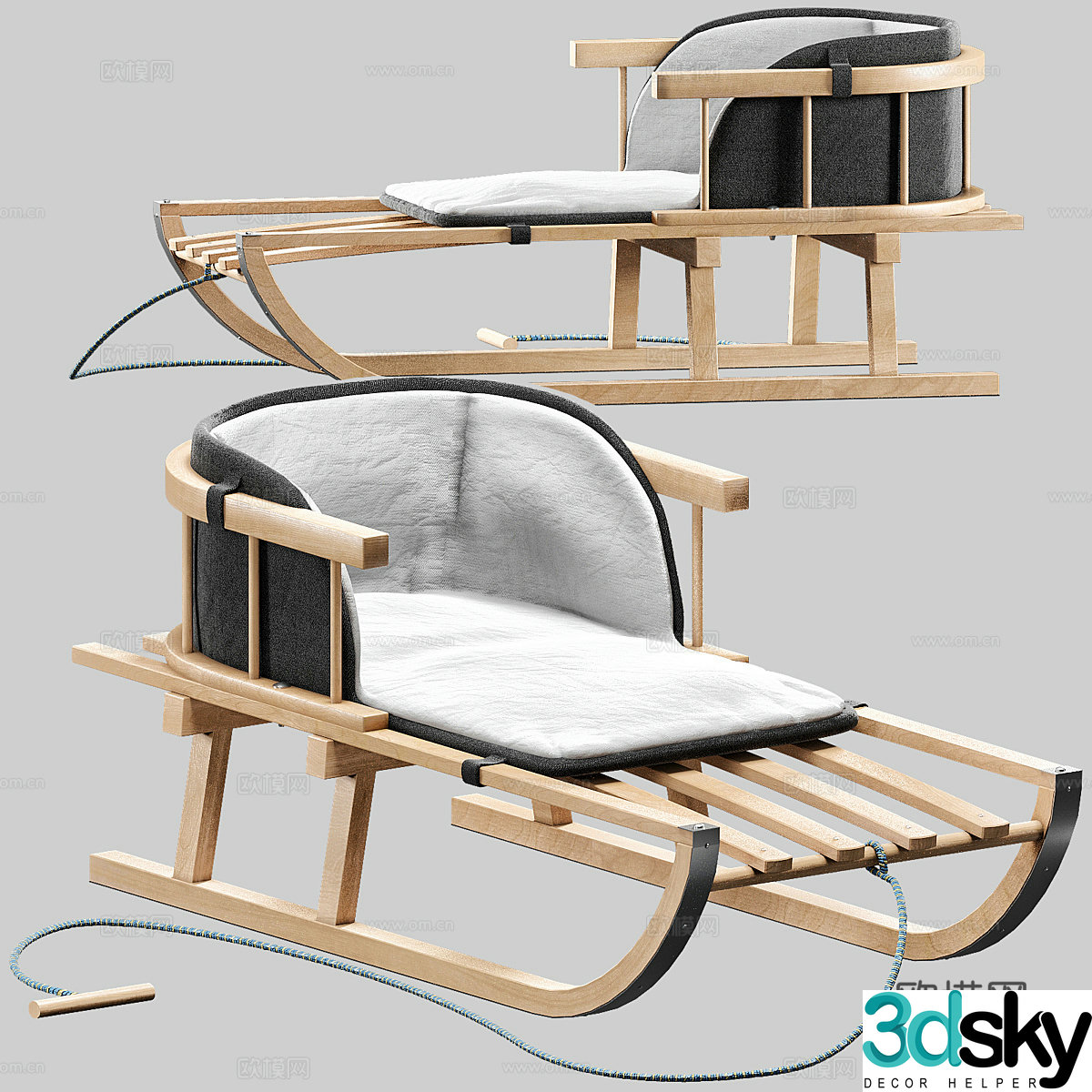 Wooden sled sled car 3d model