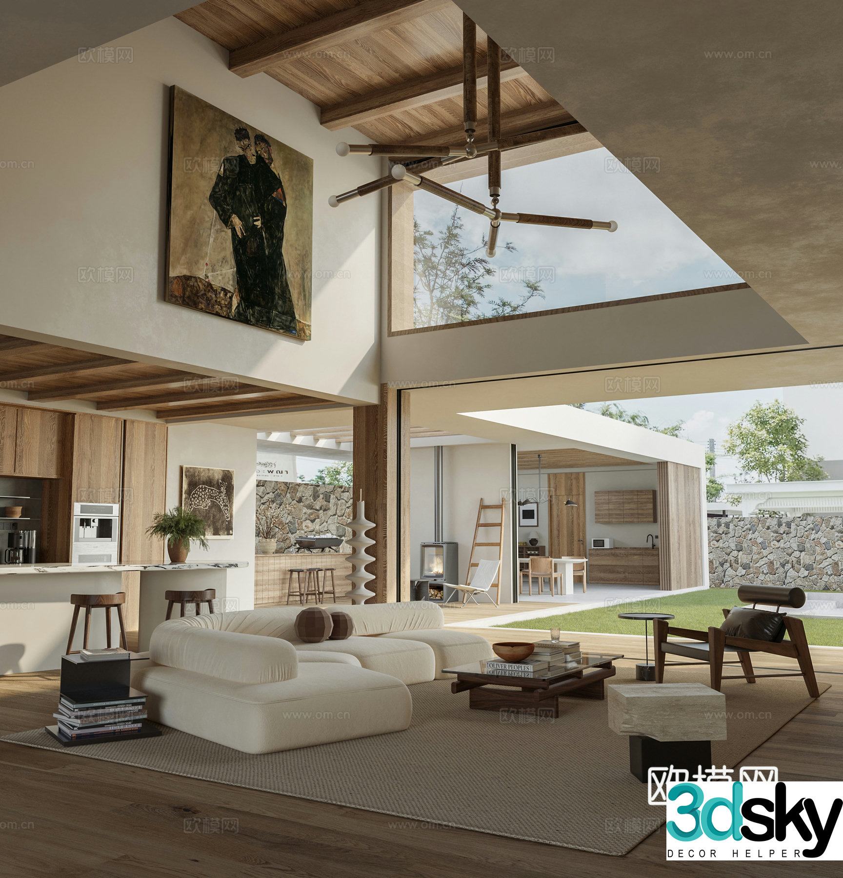 Log medieval style villa high living room 3D model