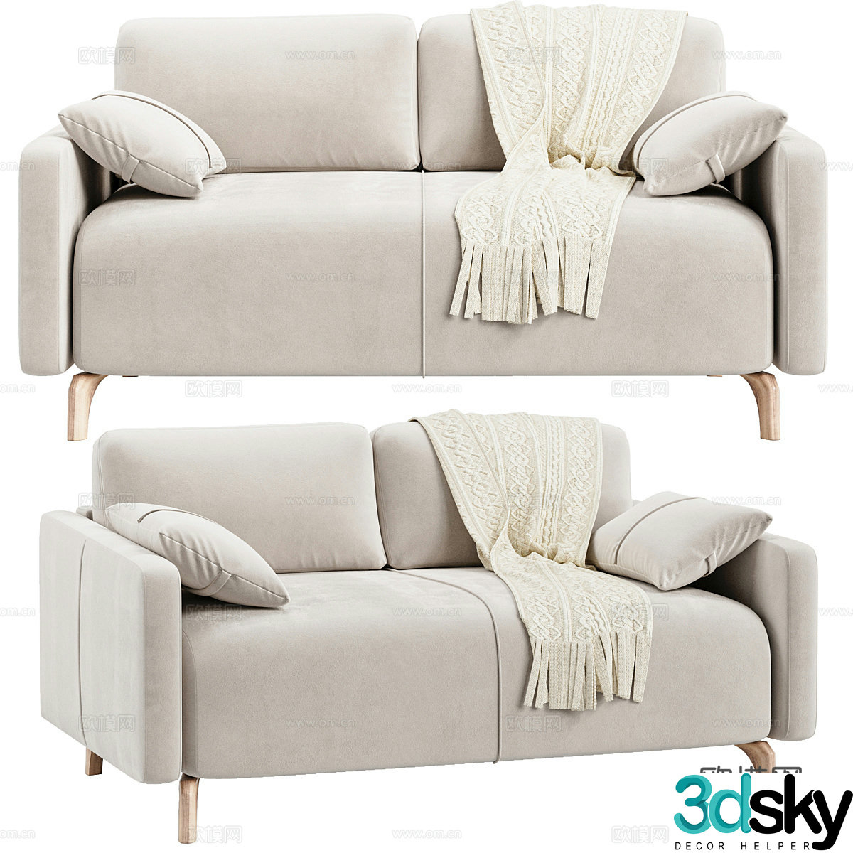 Modern cream style two-person fabric casual sofa 3d model