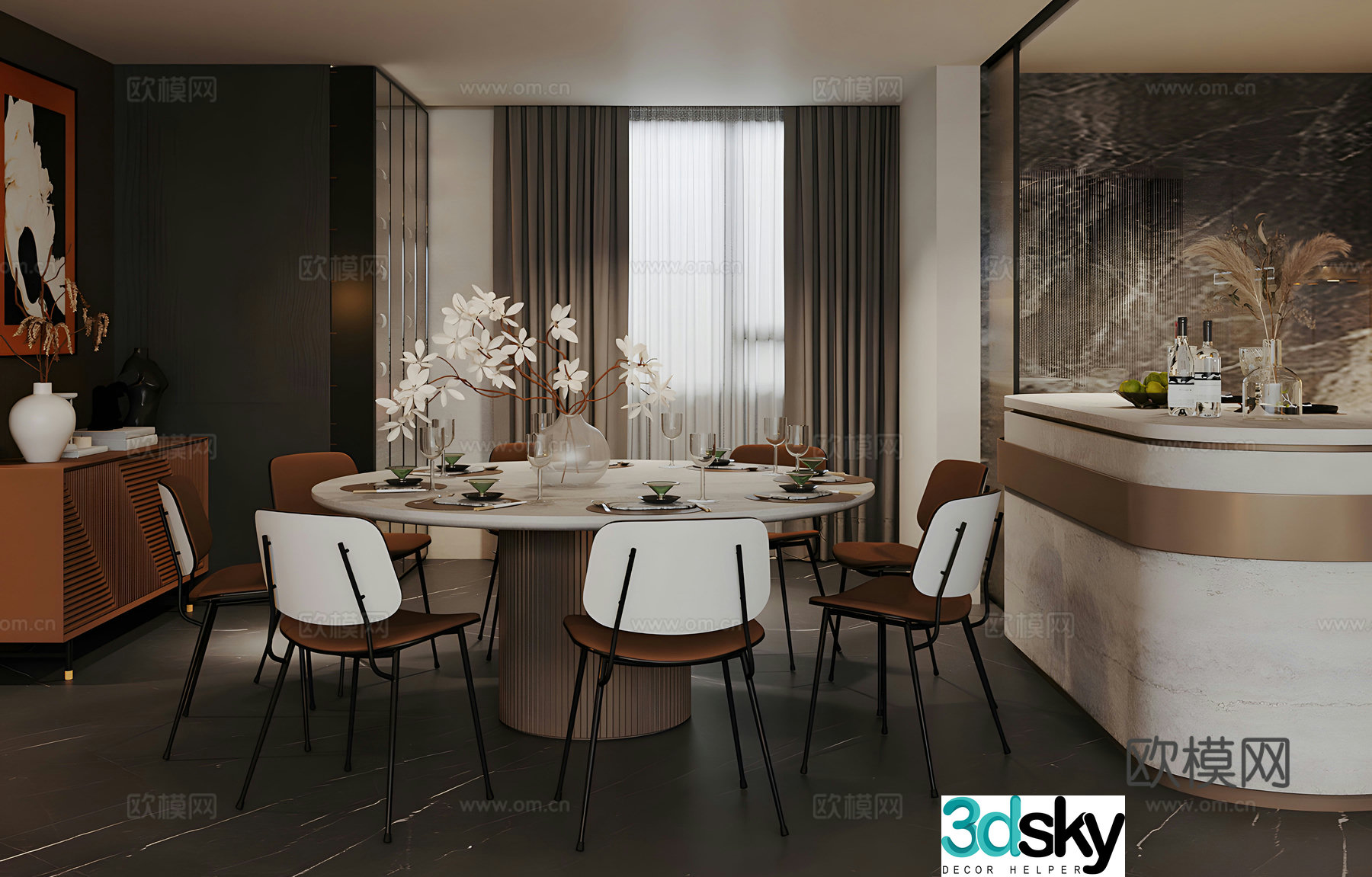 Italian light luxury home restaurant Island restaurant Marble oval dining table Kitchen restaurant Round table 3D model