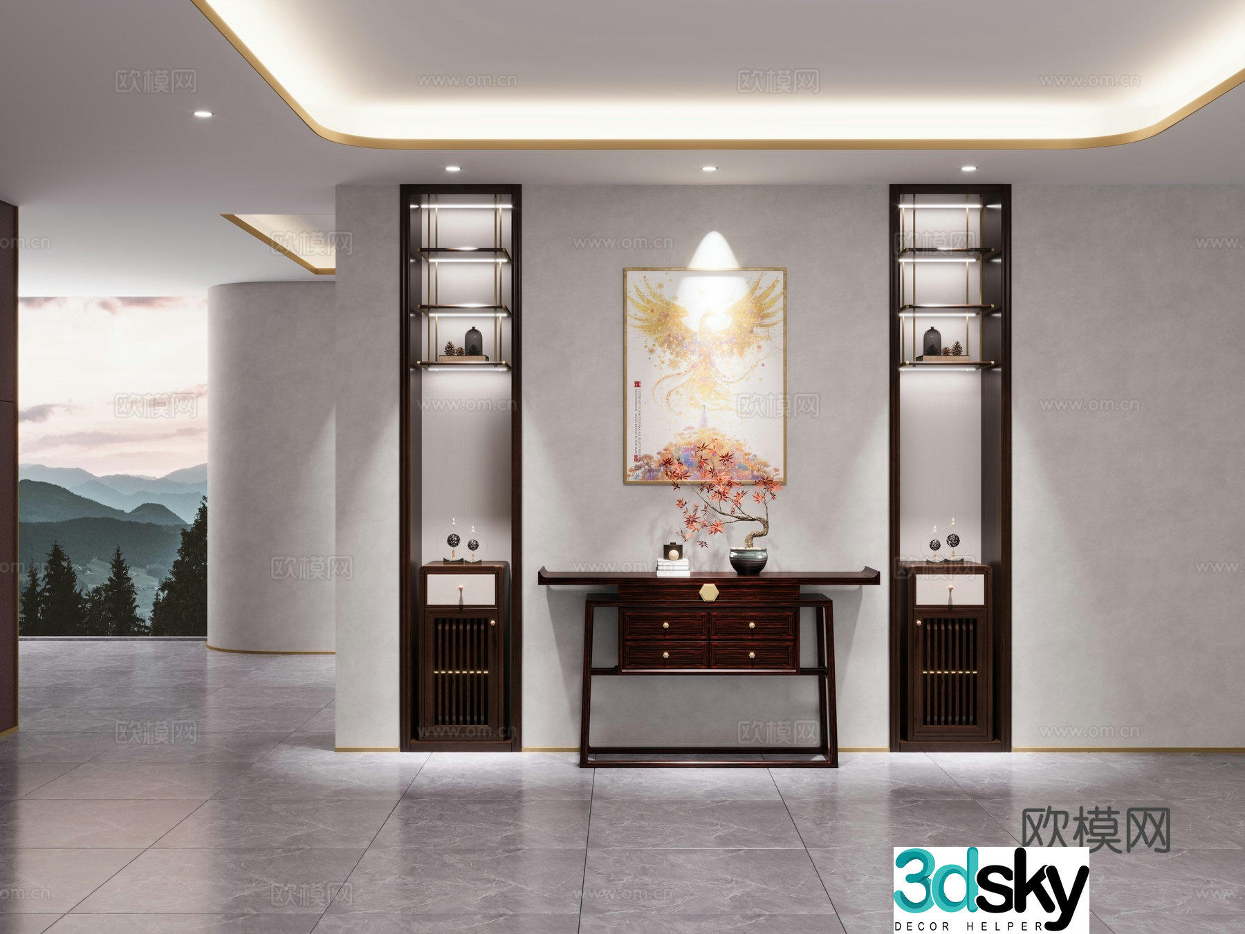 New Chinese style entrance cabinet entrance door background entrance table hanging painting 3D model