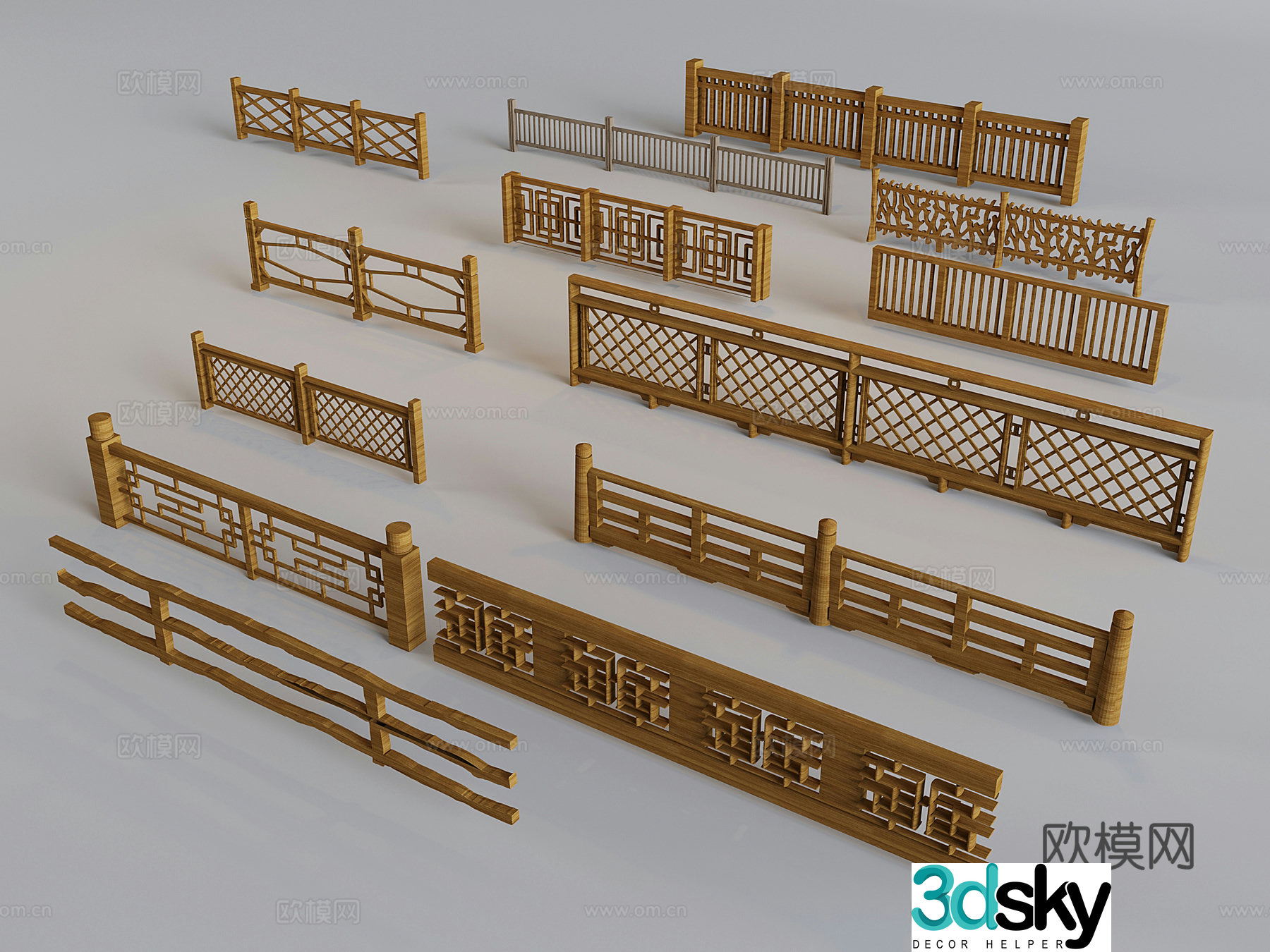 New Chinese-style stair guardrail solid wood stair railing fence 3D model