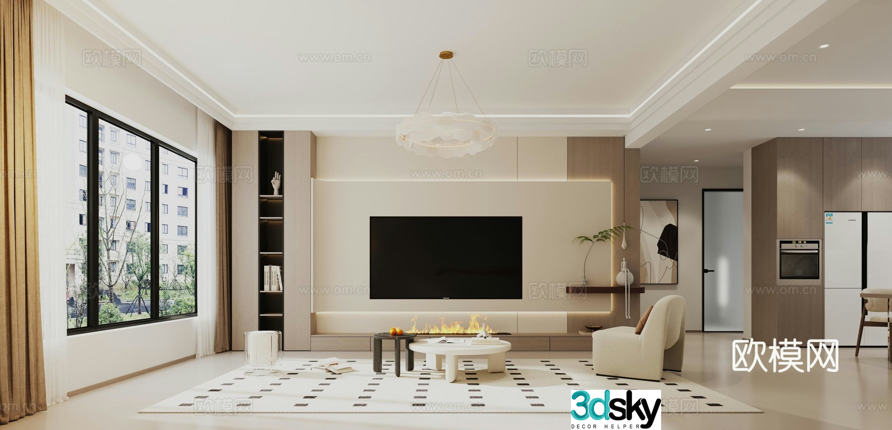 Modern Cream Style Living and Restaurant 3D Model