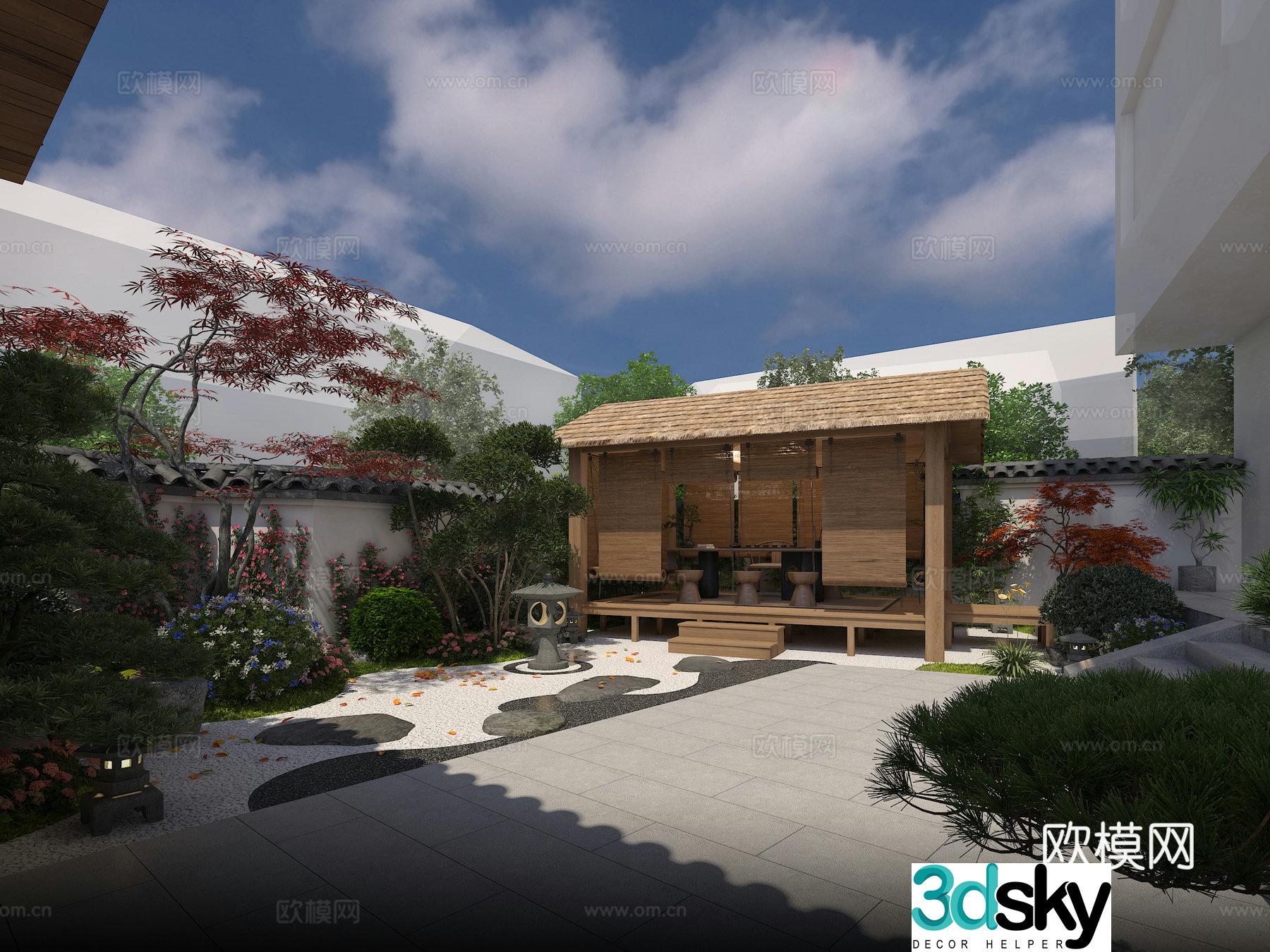 New Chinese-style landscape wooden house tea table 3D model