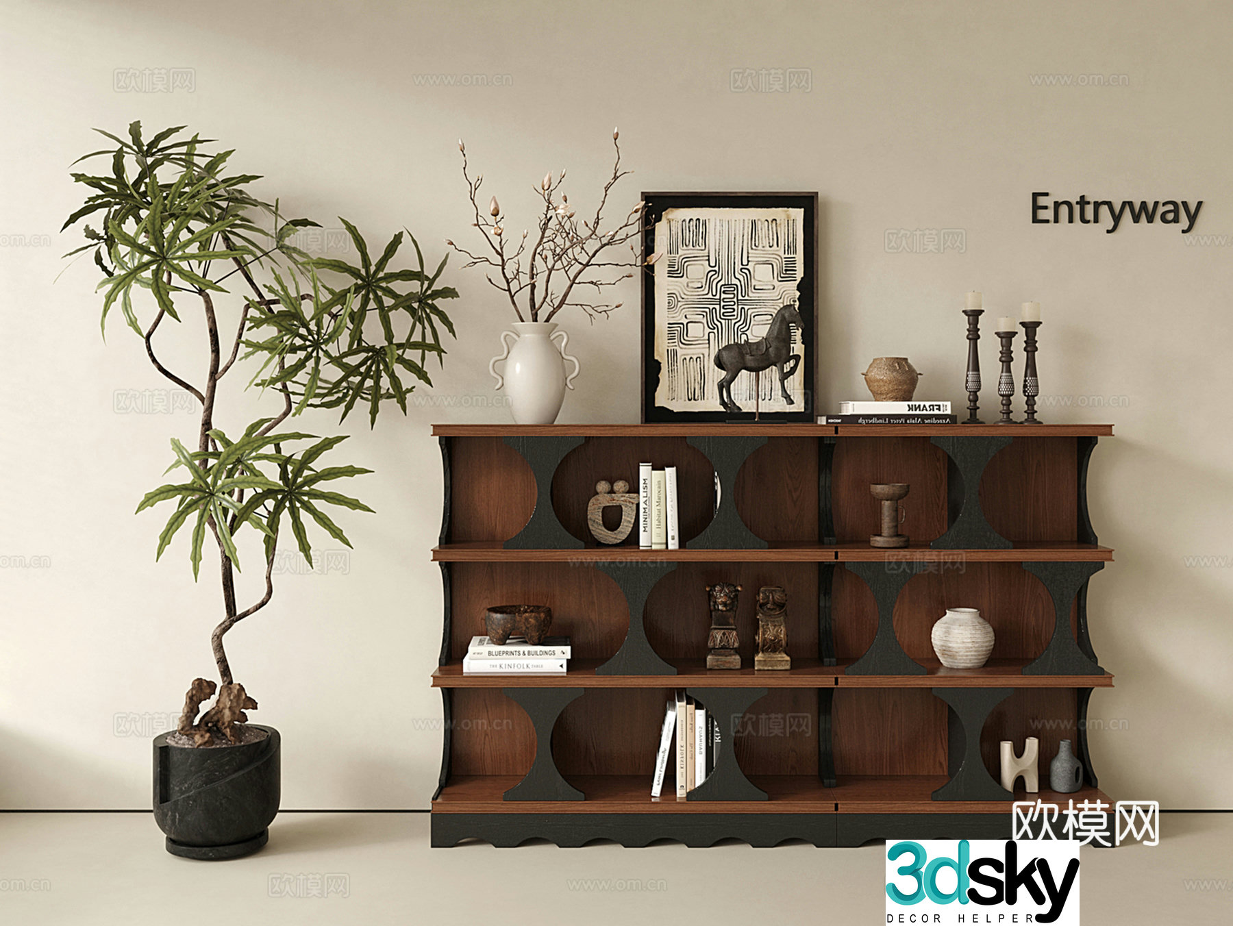 Middle-aged bookcase decorative cabinet floor-standing low cabinet storage cabinet potted plants 3D model