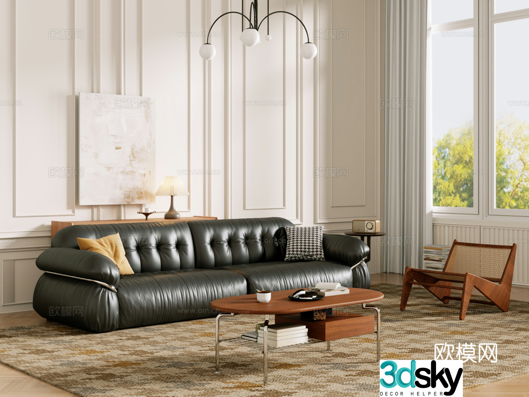 Middle-aged sofa combination coffee table carpet multi-person sofa 3D model