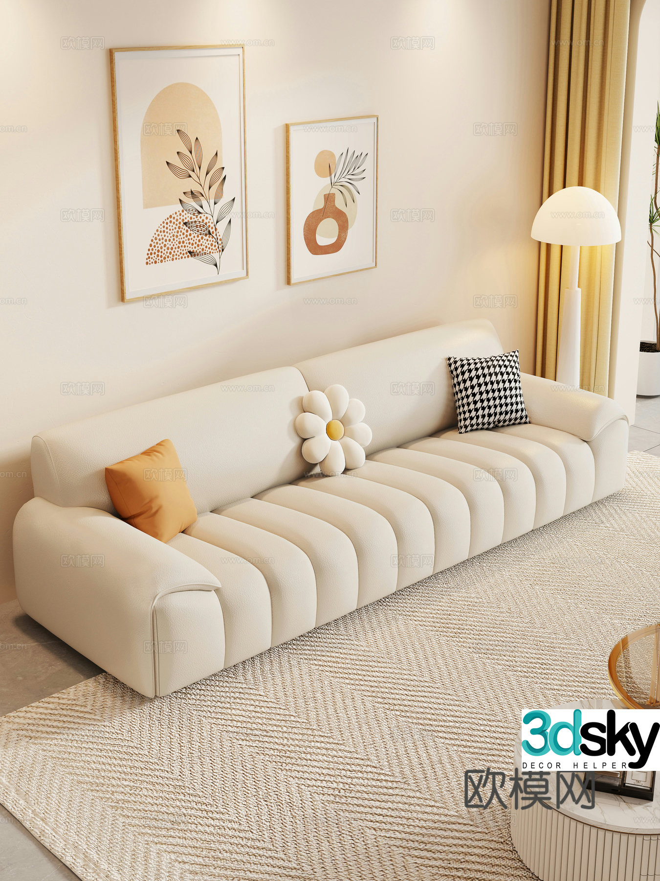 Creamy living room modern simple home living room sofa coffee table combination fabric sofa storage cabinet 3d model