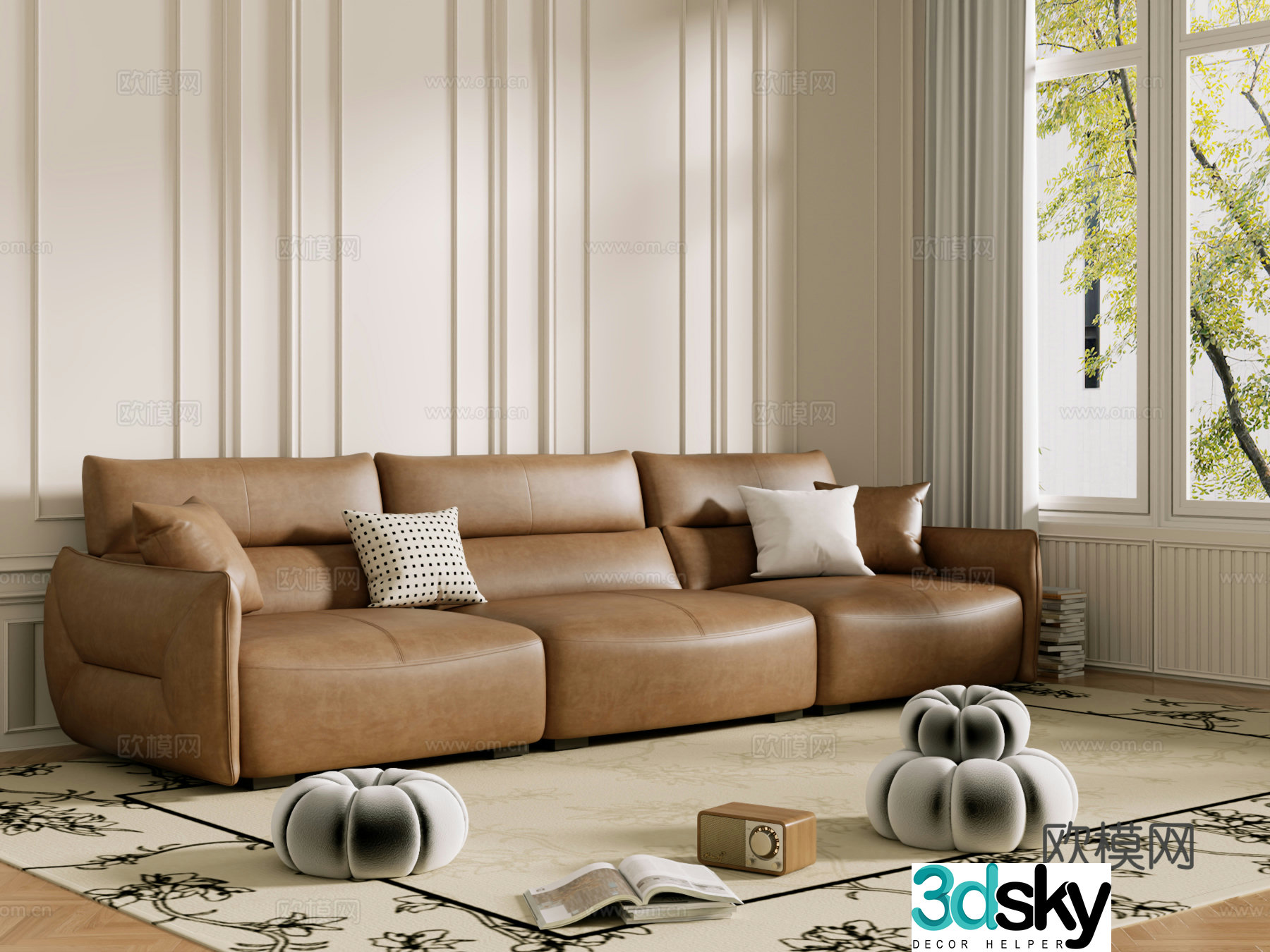 Middle-aged sofa combination coffee table carpet multi-person sofa 3D model
