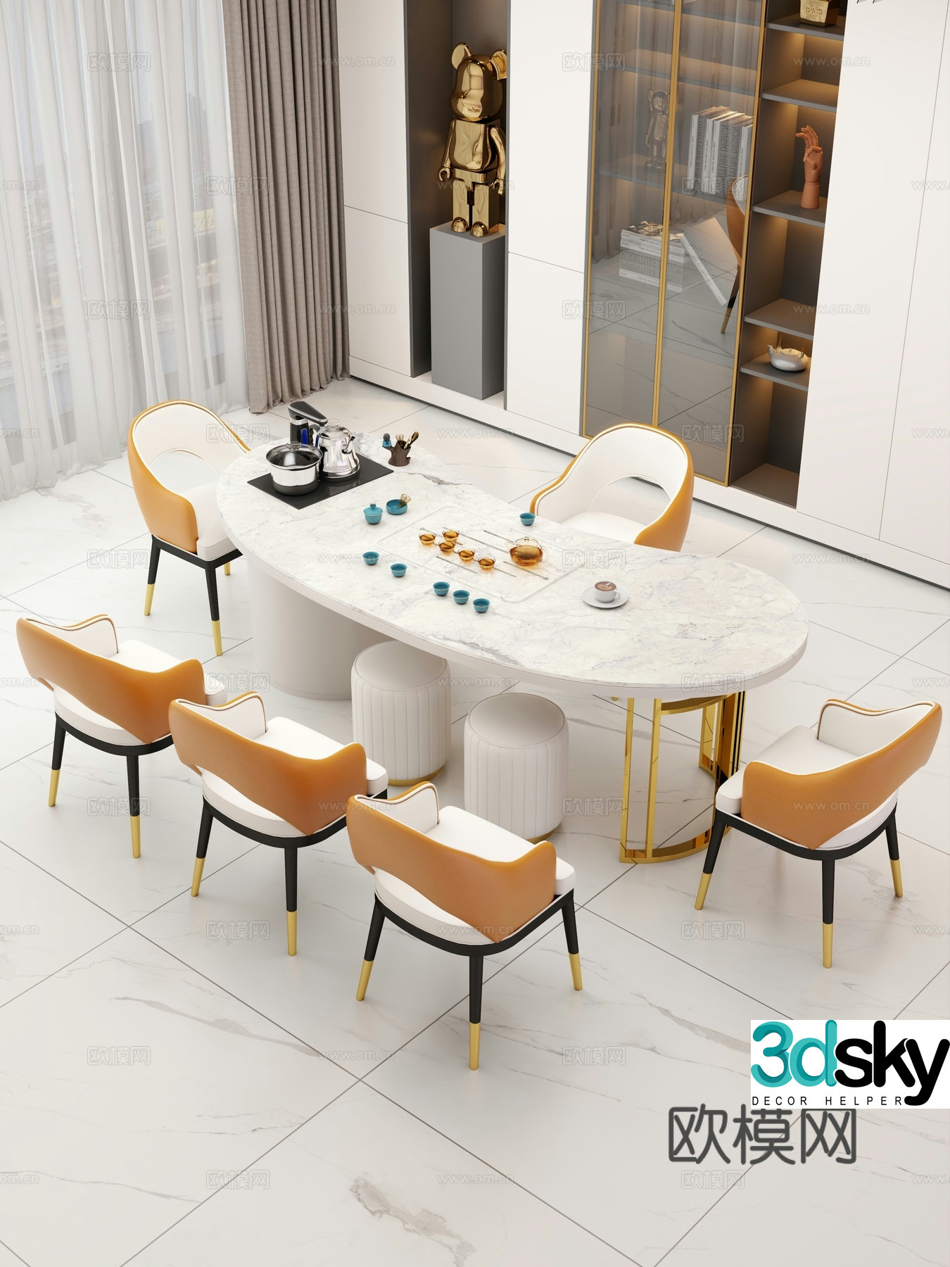Creamy large plate table tea table and chair combination tea table tea table tea room tea table balcony tea table 3D model