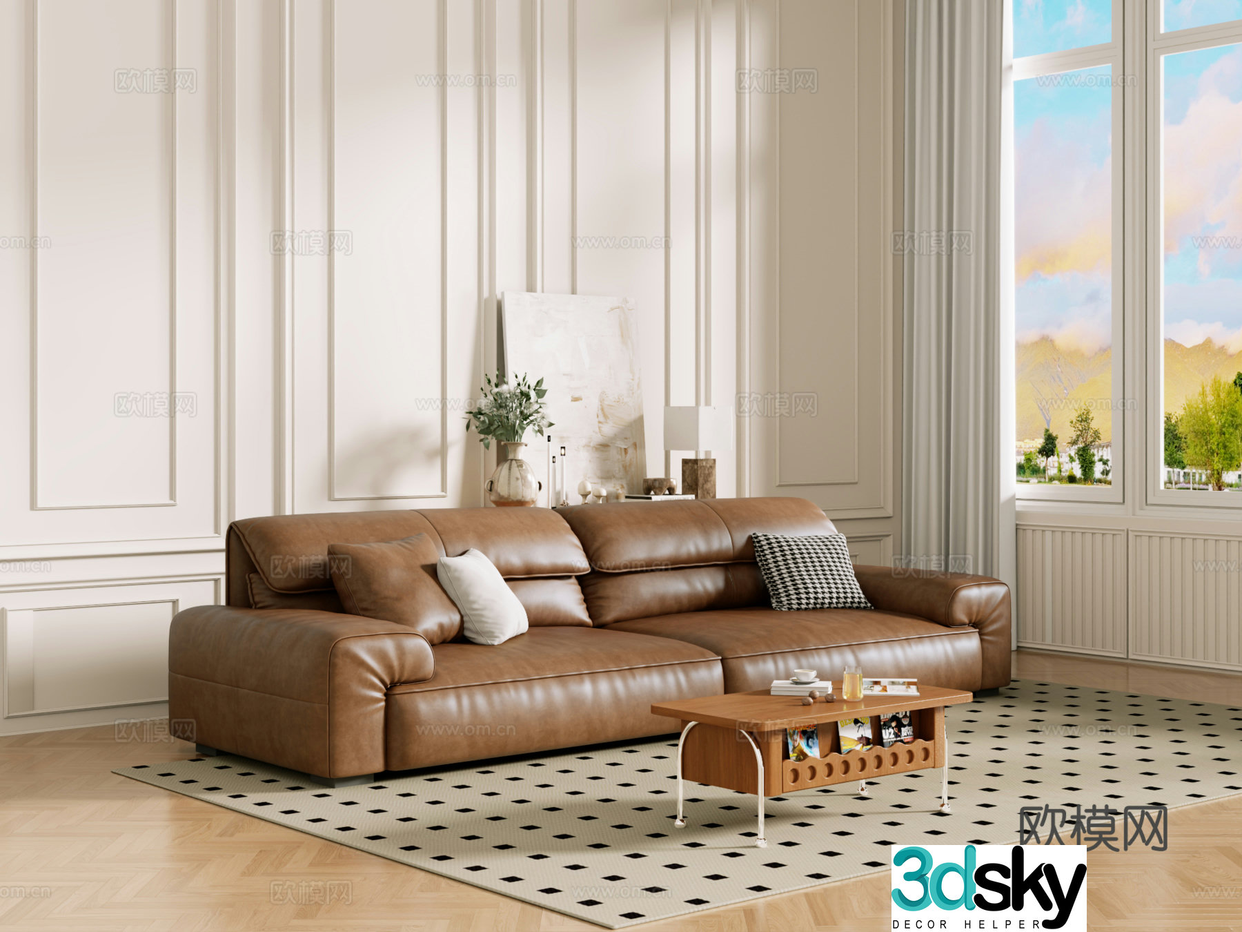 Middle-aged sofa combination coffee table carpet multi-person sofa 3D model
